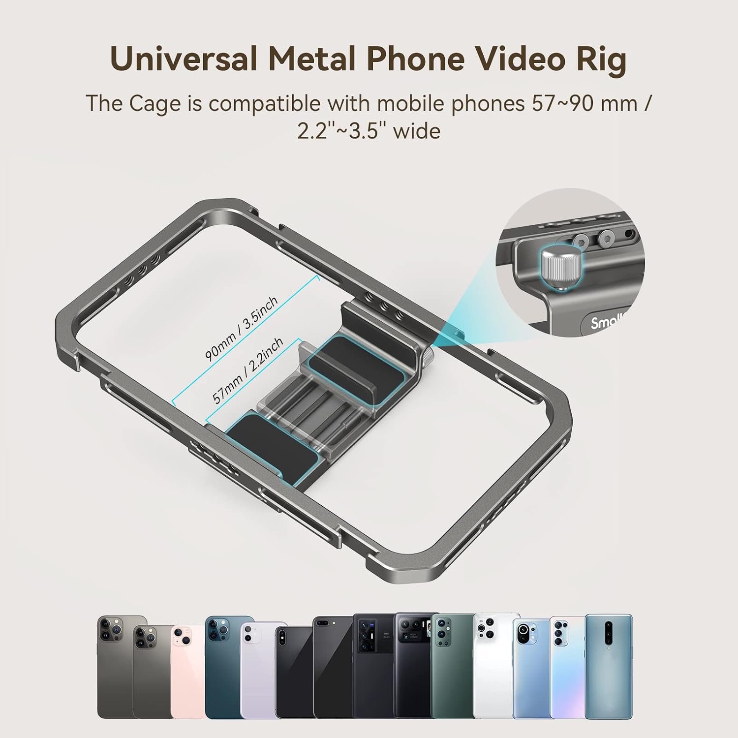 Detalle de SMALLRIG 4121 telefoonstabilisatorset met aluminium cage en dubbele handgrepen