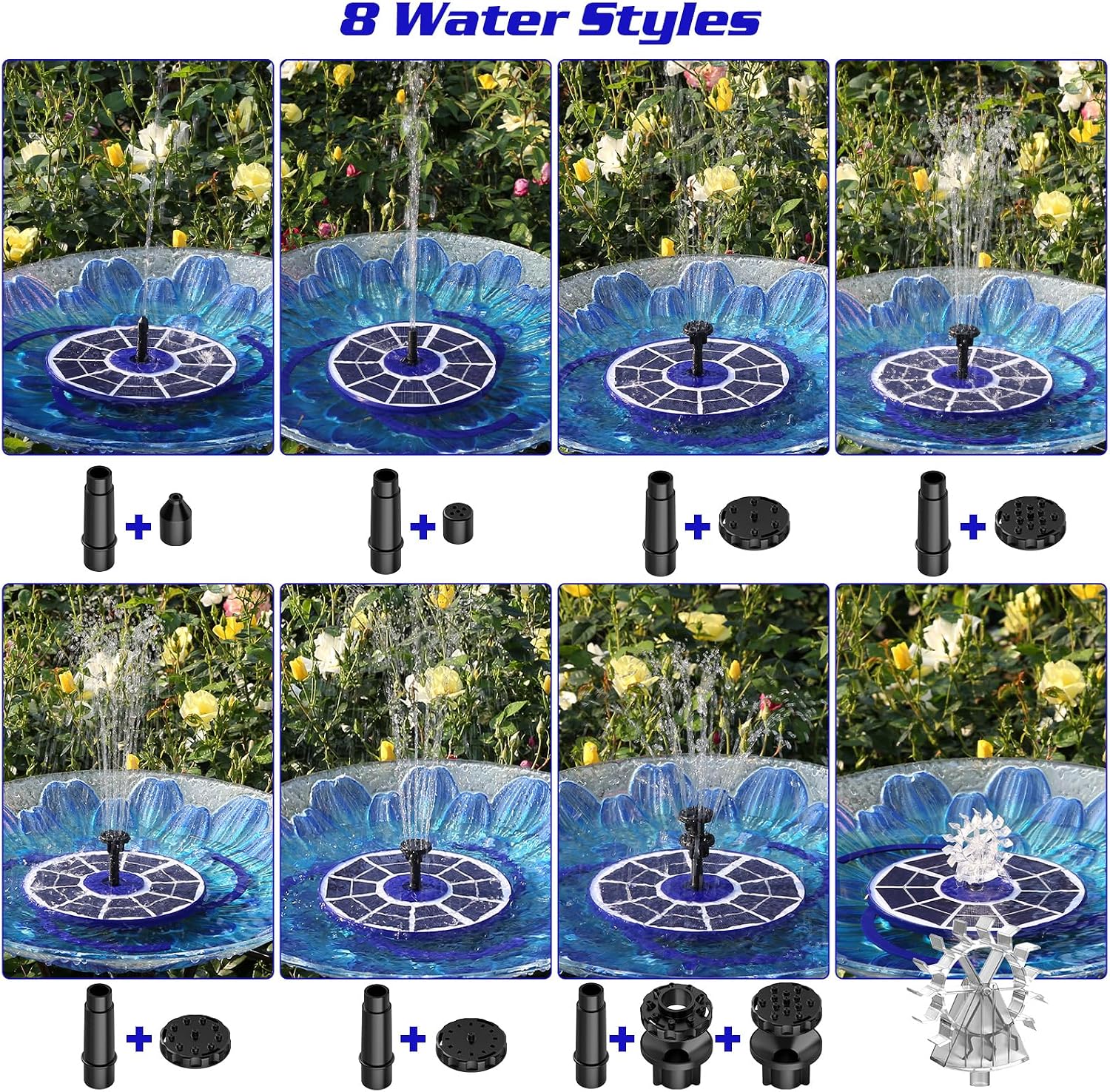 Detalle de AISITIN Solar Water Fountain with 3.5W Glass Panel and 8 Nozzles (Dark Blue) – Battery-Enabled Bird Bath Pump for Small Outdoor Ponds