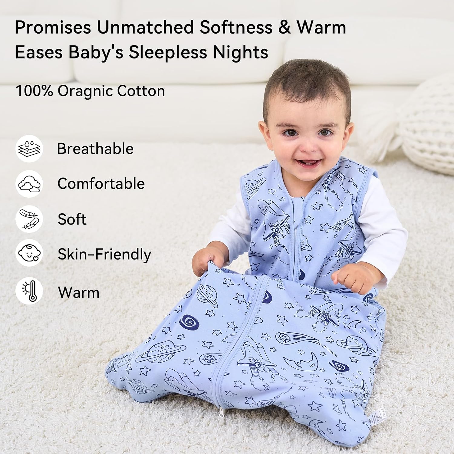 Thumbnail 1 de Unnivoll Baby Sleeping Bag 1.0 Tog 12–18 Months, 100% Cotton Sleep Sack – Blue Moon