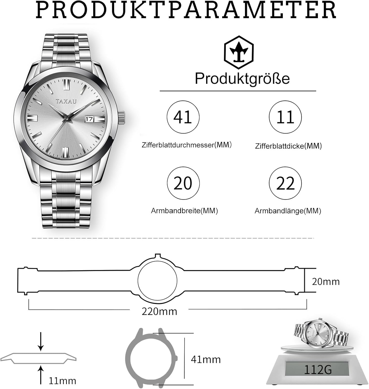 Thumbnail 3 de Taxau Herrenuhr – Wasserdicht, Edelstahl, klassisches Design mit Datum