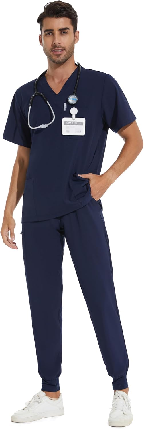 Detalle de COZYFIT Men Scrubs Set: Stretch V-Neck Top & Yoga Waistband Jogger Pants with 8 Pockets