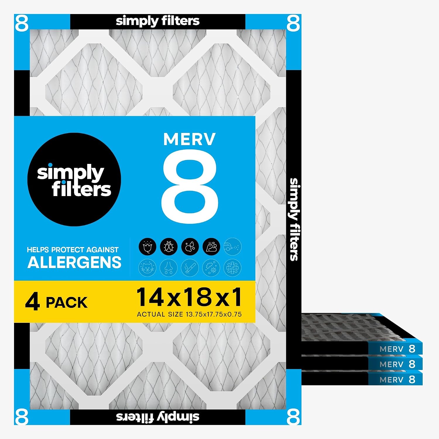 Detalle de Simply 14x18x1 Air Filter, MERV 8, MPR 600, 4-Pack, Actual Size 13.75 x 17.75 x 0.75