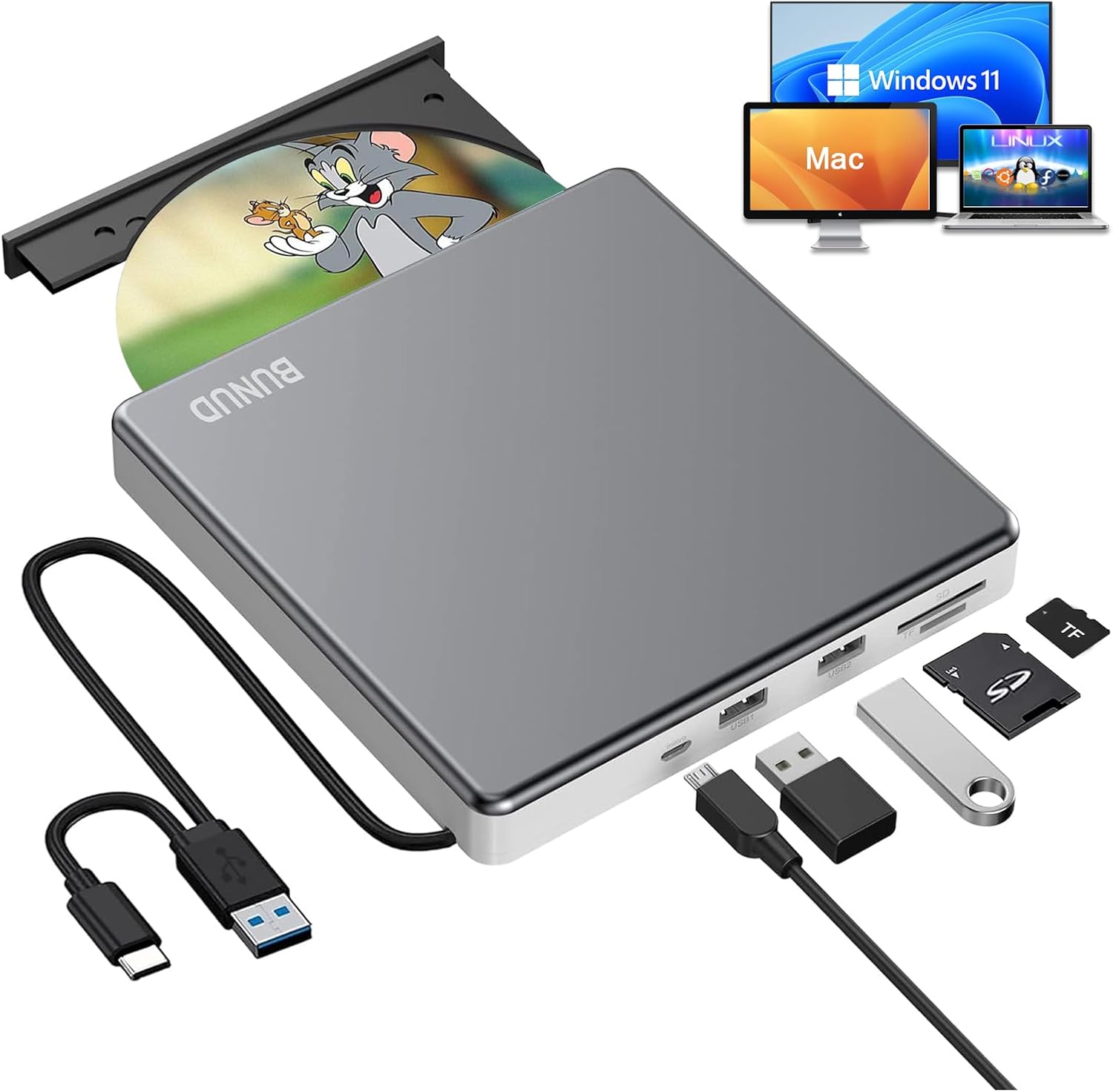 BUNUD externes CD/DVD-Laufwerk für Laptop (USB-C/USB 3.0) mit SD/TF & 2 USB-Ports