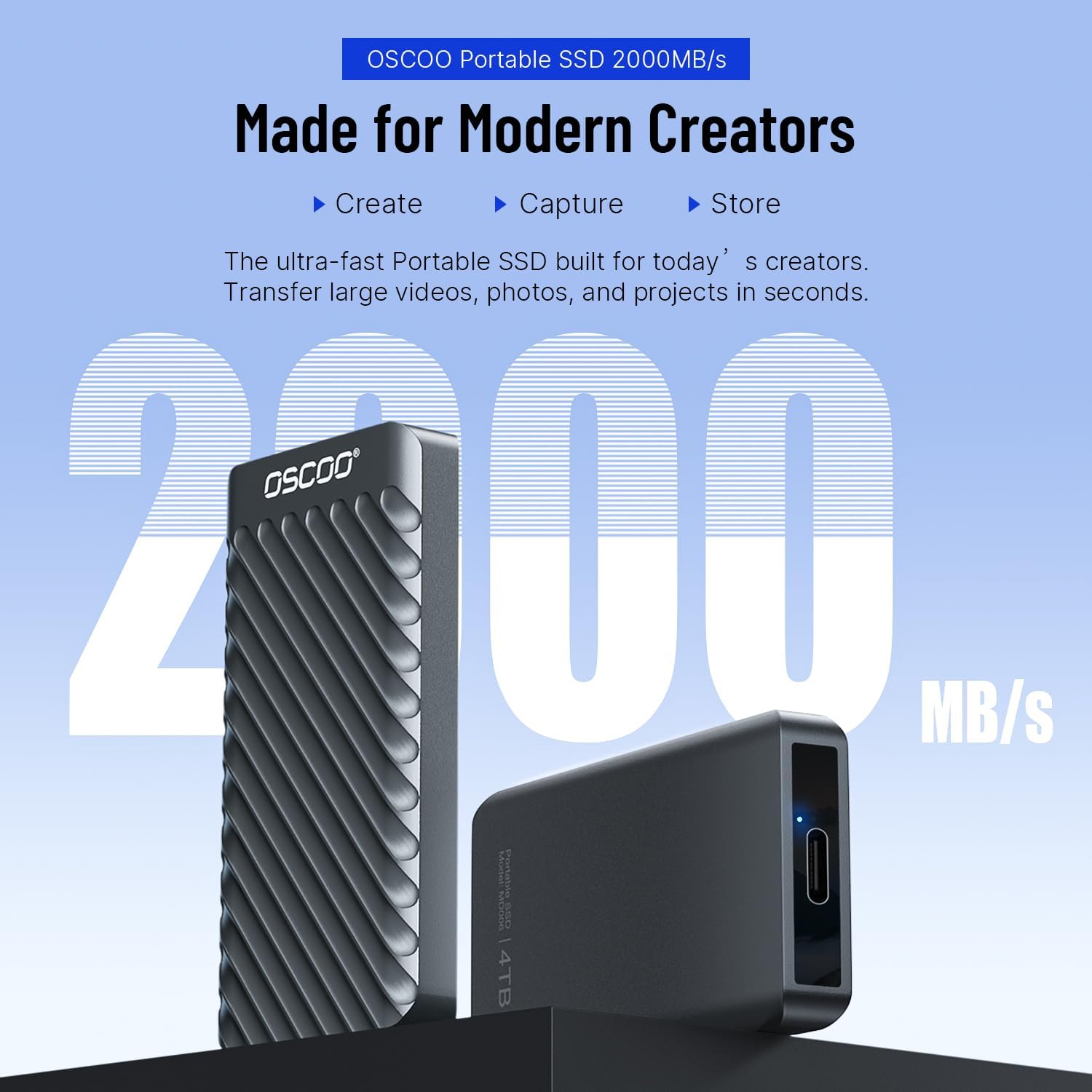 Thumbnail 1 de 2TB Portable NVMe SSD: Up to 2100MB/s USB 3.2 Gen 2 External Drive for Creators