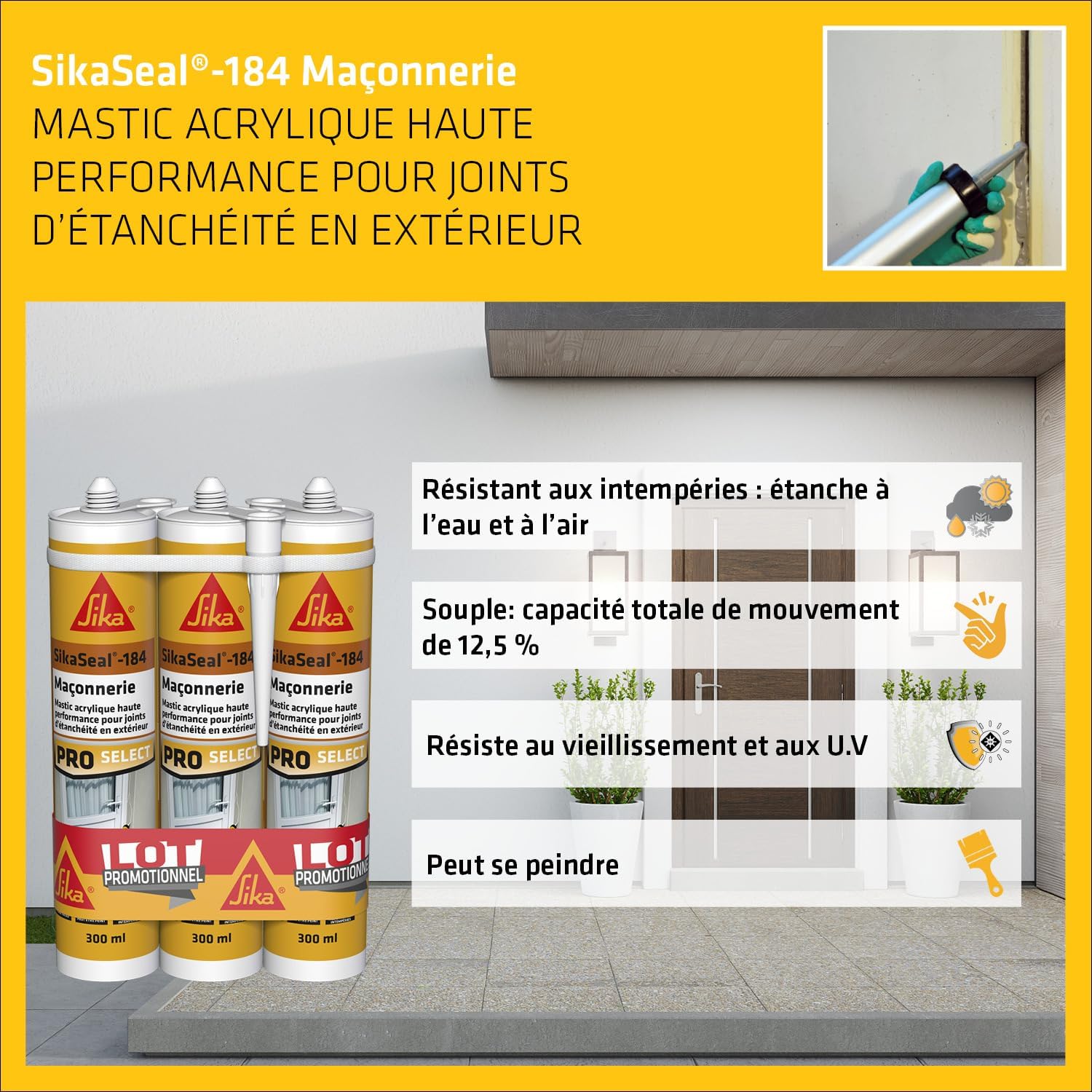 Thumbnail 2 de SIKA Mastic acrylique haute performance – Lot de 3 cartouches SikaSeal-184 Maçonnerie blanc (300 ml × 3)