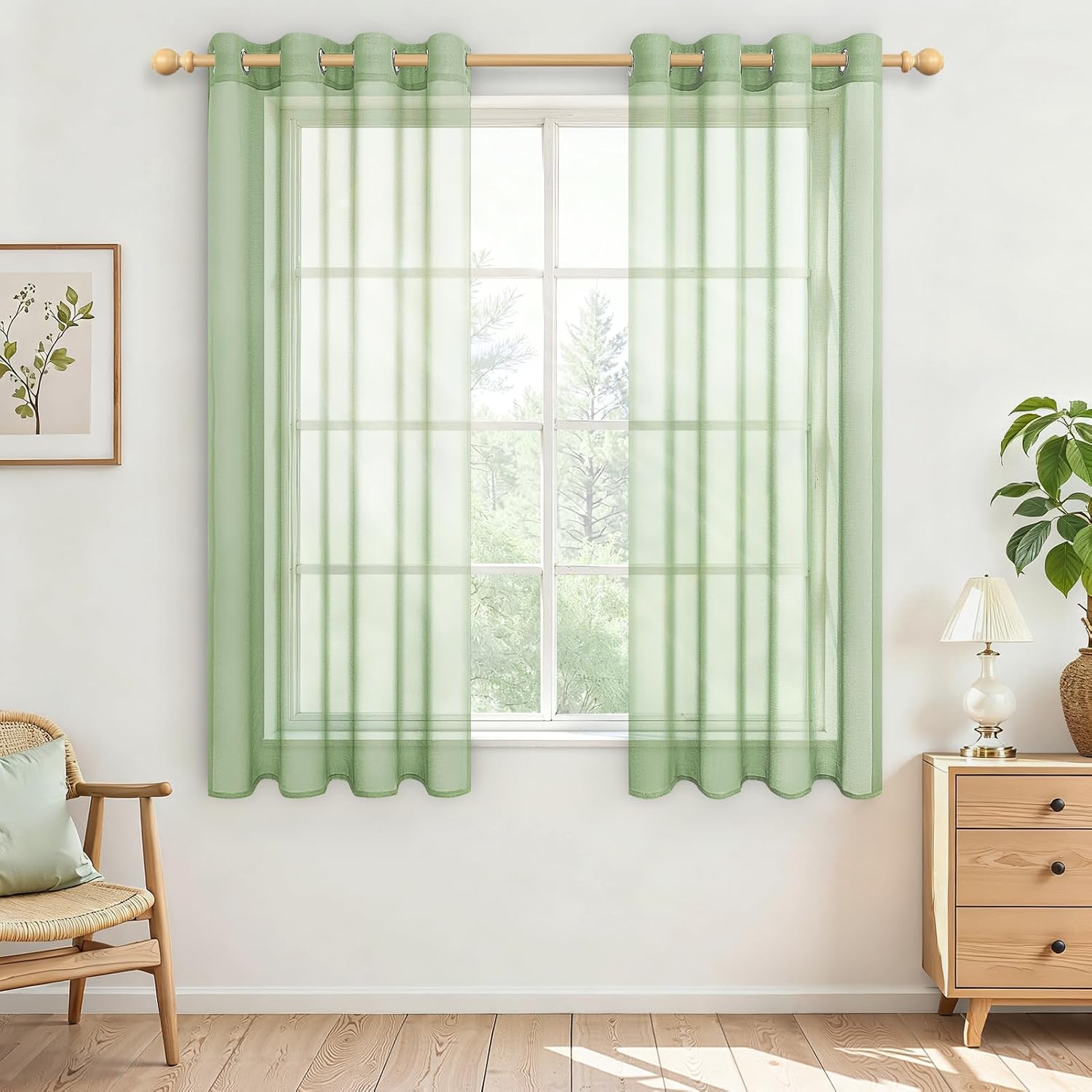Detalle de MRTREES Green Eyelet Voile Curtains (2 Panels) – 55x48 Inch, 48 Inch Drop