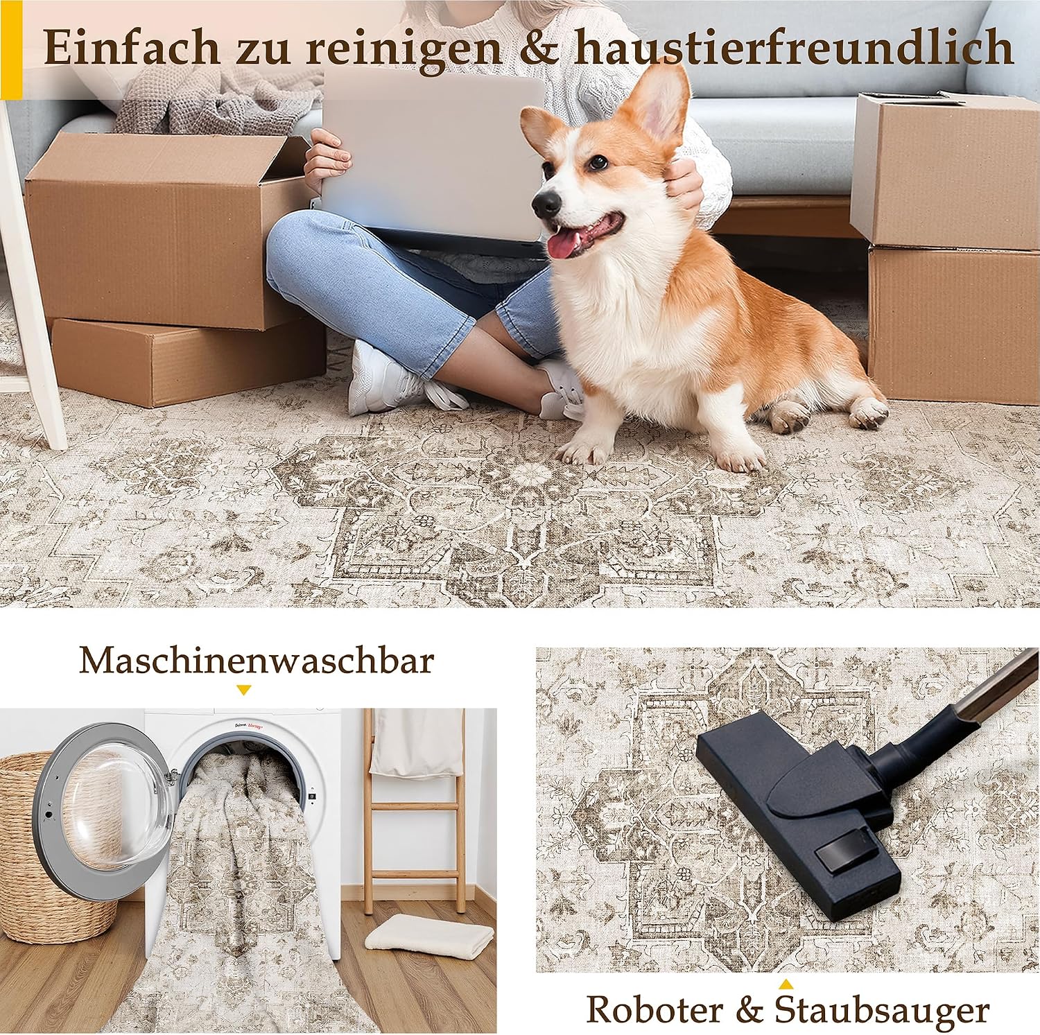 Thumbnail 3 de PureCozy Vintage Teppich Beige 200x300cm – rutschfest, waschbar, Living Room