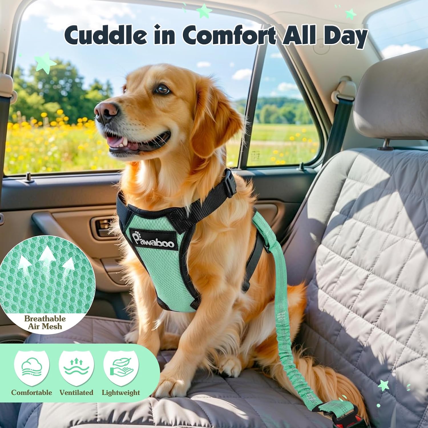Thumbnail 6 de Pawaboo dog seat belt harness (double clips, adjustable vest, elastic bungee) – Light Blue & Black, size S