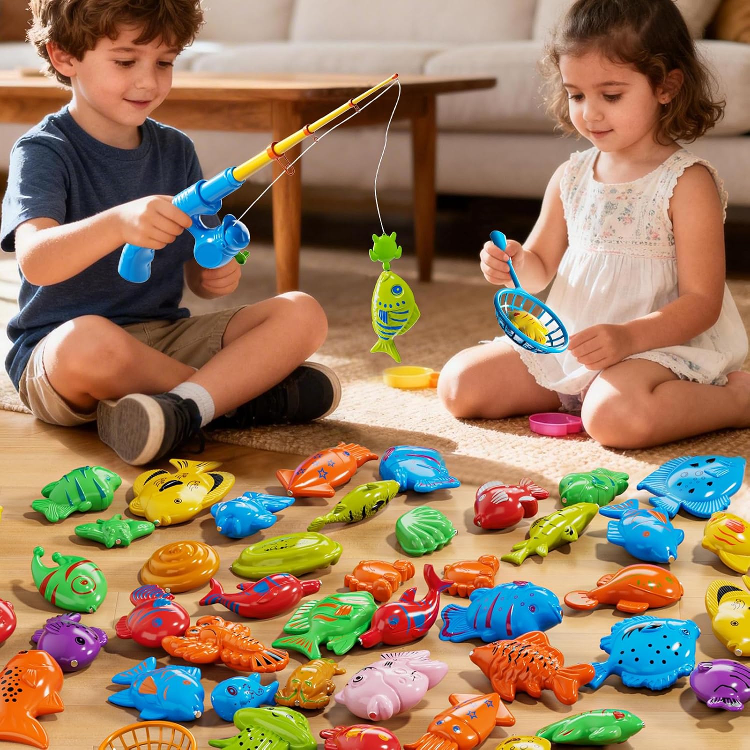 Detalle de Magnetic Fishing Game Toy Set with Rod, Net and Floating Sea Creatures for Kids 3–8