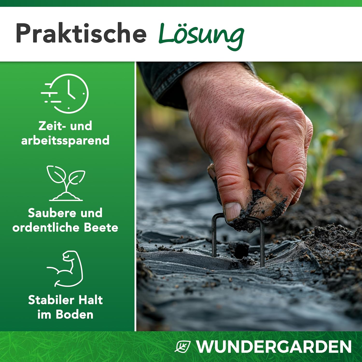 Detalle de WUNDERGARDEN Erdanker-Set (100 Stück) für Unkrautvlies, Bodenanker aus Stahl – 150 x 25 mm, Ø 2,7 mm