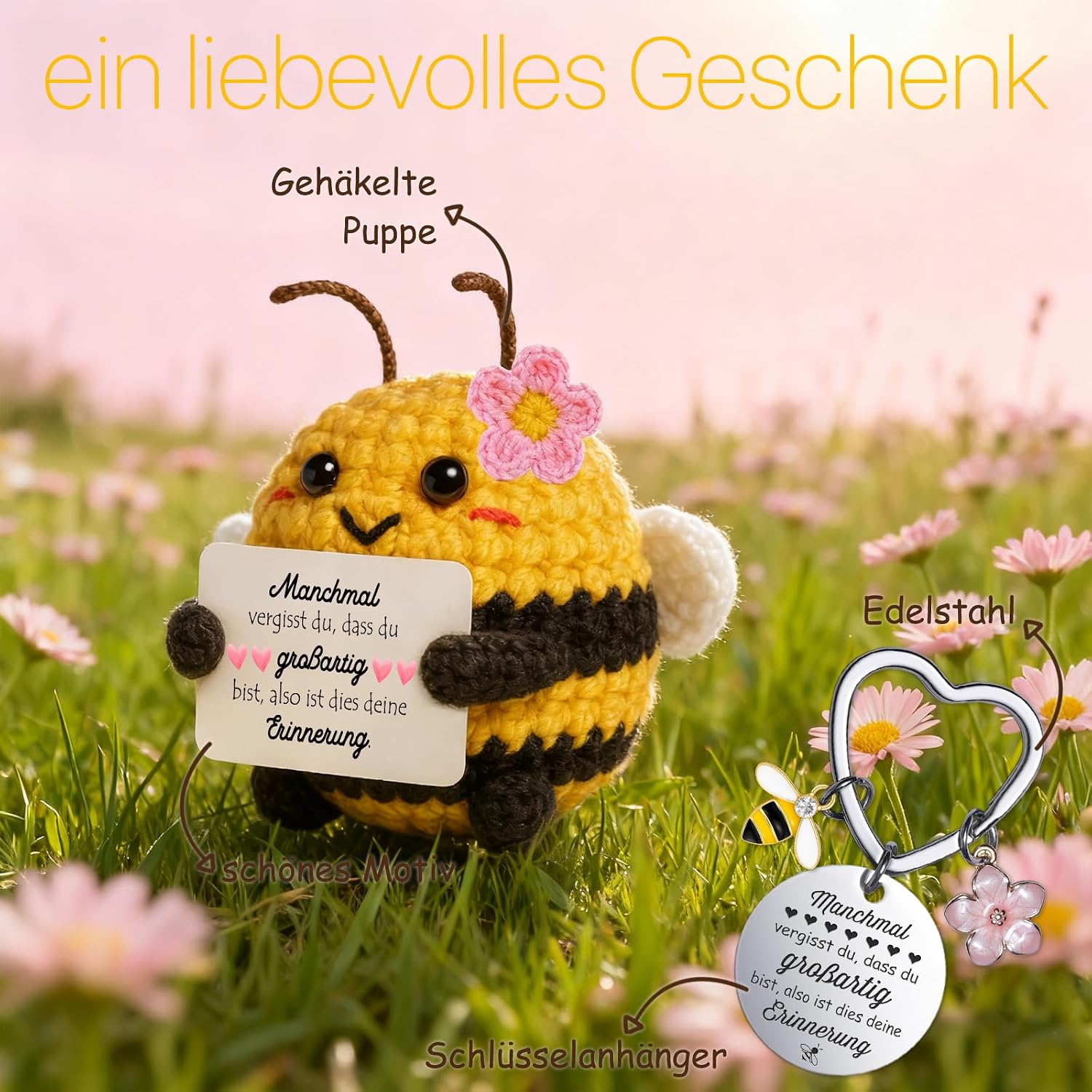 Thumbnail 1 de Farbeele Mutmacher-Geschenk für Frauen: handgemachte Biene mit Glücksbringer-Schlüsselanhänger