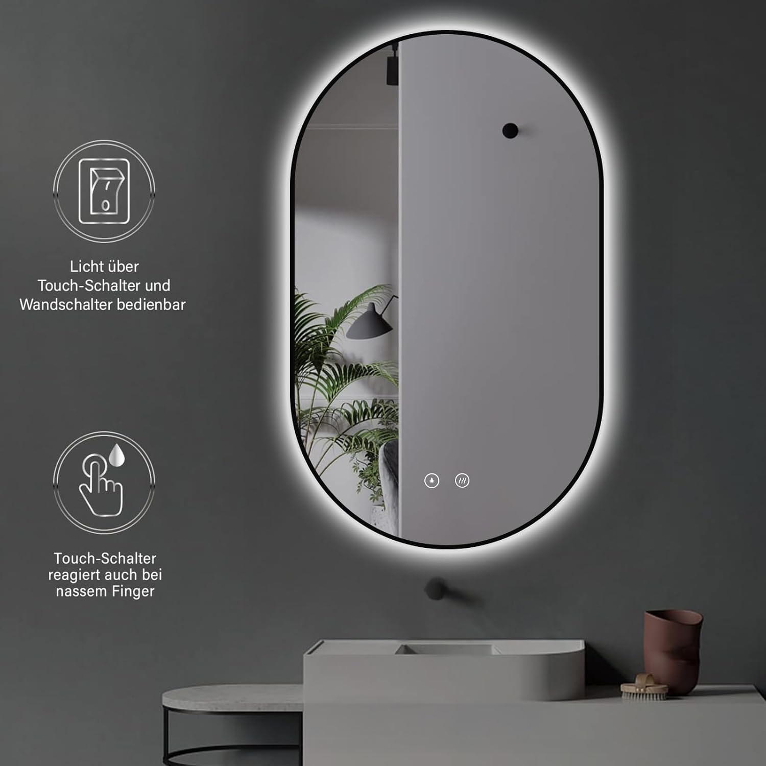 Thumbnail 2 de ApeJoy Specchio da bagno ovale con illuminazione – 75x45 cm, LED, anti-nebbia e memoria colore