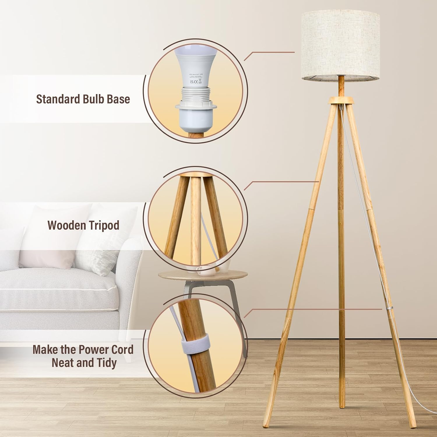 Detalle de NIKYJM Lámpara de Pie Trípode de Madera con Bombilla E27 12W: 3 Colores y Control Remoto