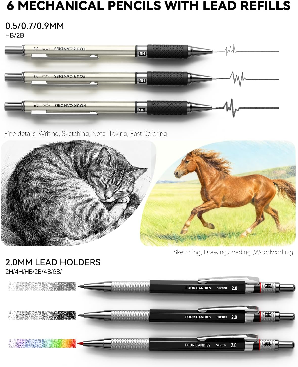 Thumbnail 1 de Four Candies 73-teiliges Zeichen-Set für Fortgeschrittene – Fineliner, Druckbleistifte, 3-farbiges Skizzenbuch & Pastell/Kohle