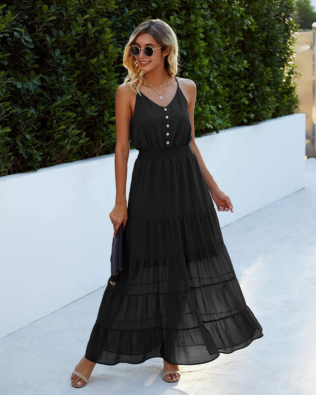 Detalle de PRETTYGARDEN Women's 2026 Summer Maxi Dress: Spaghetti Strap Sleeveless High Waist Boho Beach Favorite