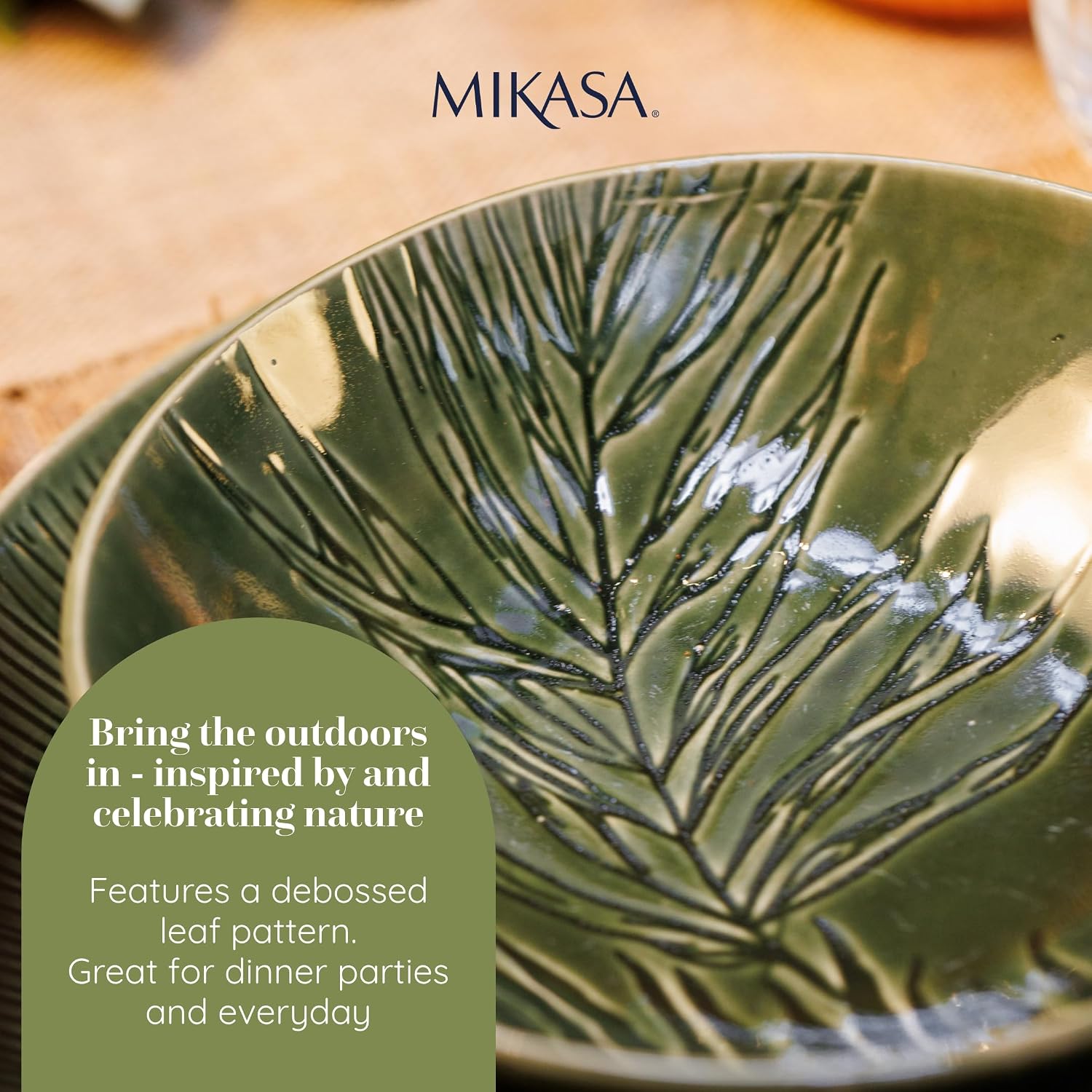 Detalle de Mikasa Jardin Pasta Bowl Set, 4 Stoneware Bowls, 20cm, Green