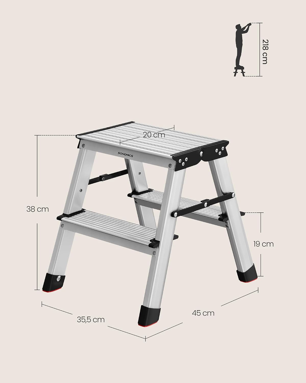 Detalle de SONGMICS UGLT012E01V1 2-Step Folding Aluminium Step Stool, 150 kg