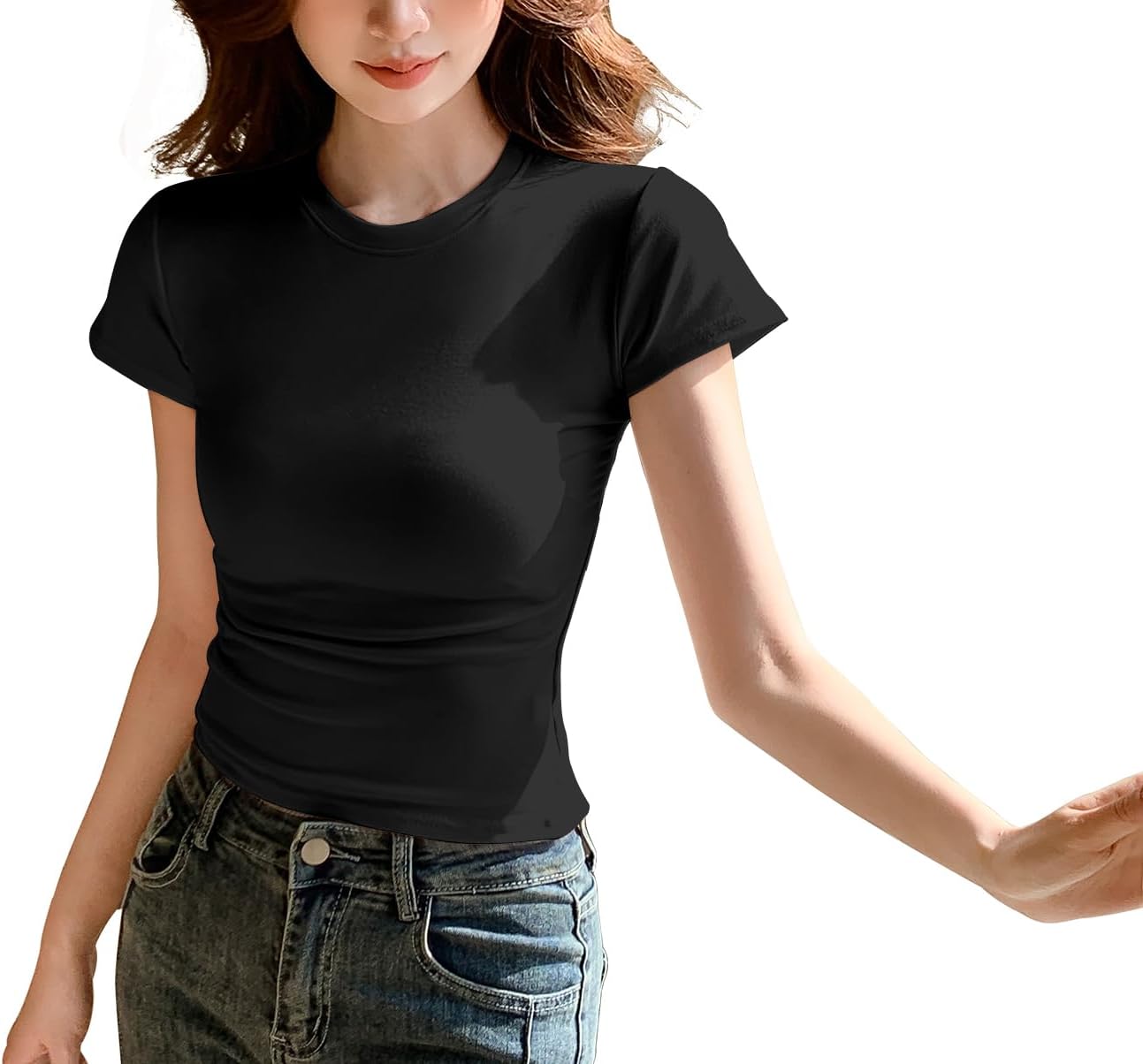 Detalle de JEROZIYANT Women’s Basic Cropped T-Shirt (Slim Fit) – Solid Colour Crew Neck Tee