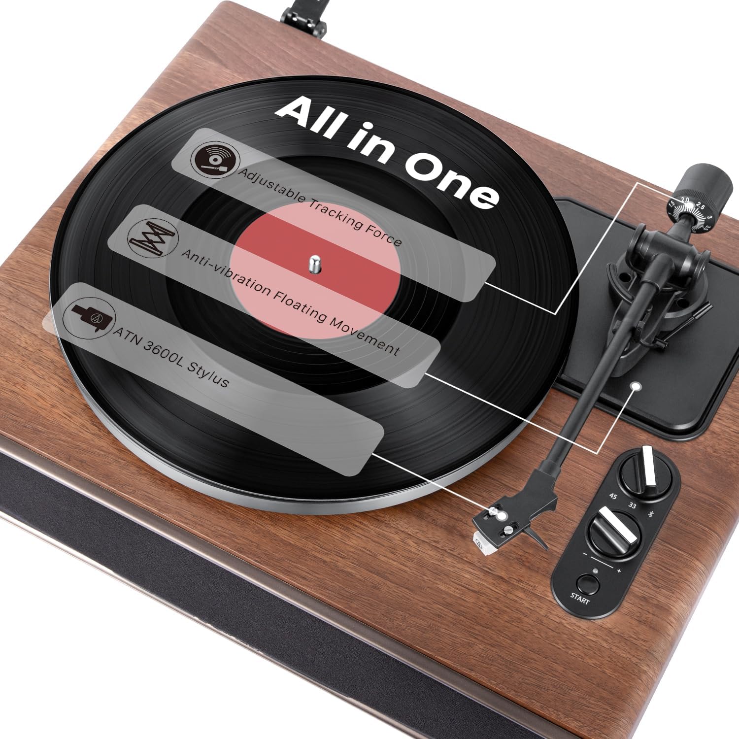 Thumbnail 2 de 1byone 1-AD07US02 Belt-Drive Turntable with Built-In Speakers, Bluetooth, Walnut