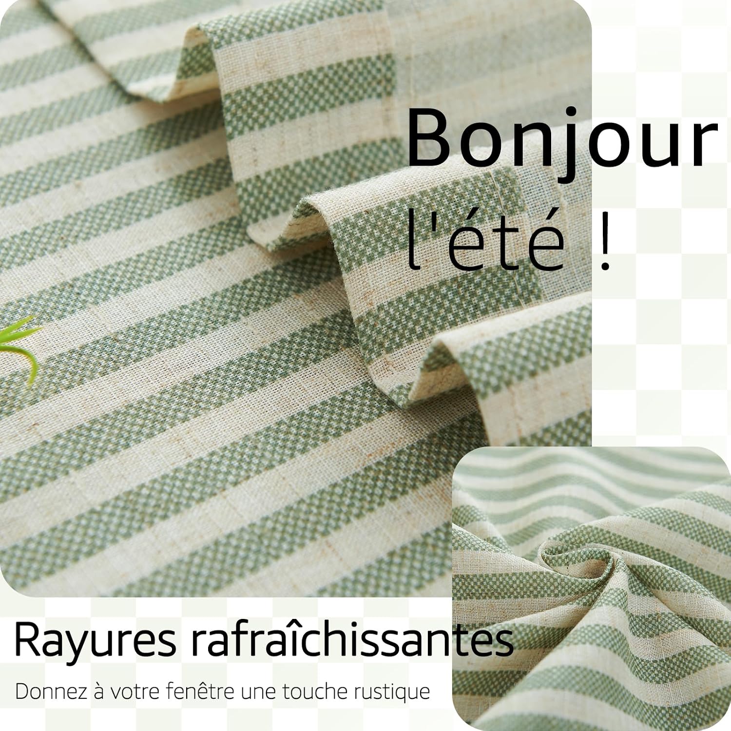 Detalle de TOPICK Rideaux de Cuisine Court Brise Bise Vert sur Beige 65 x 90 cm — Lot de 2, translucides avec passe-tringle