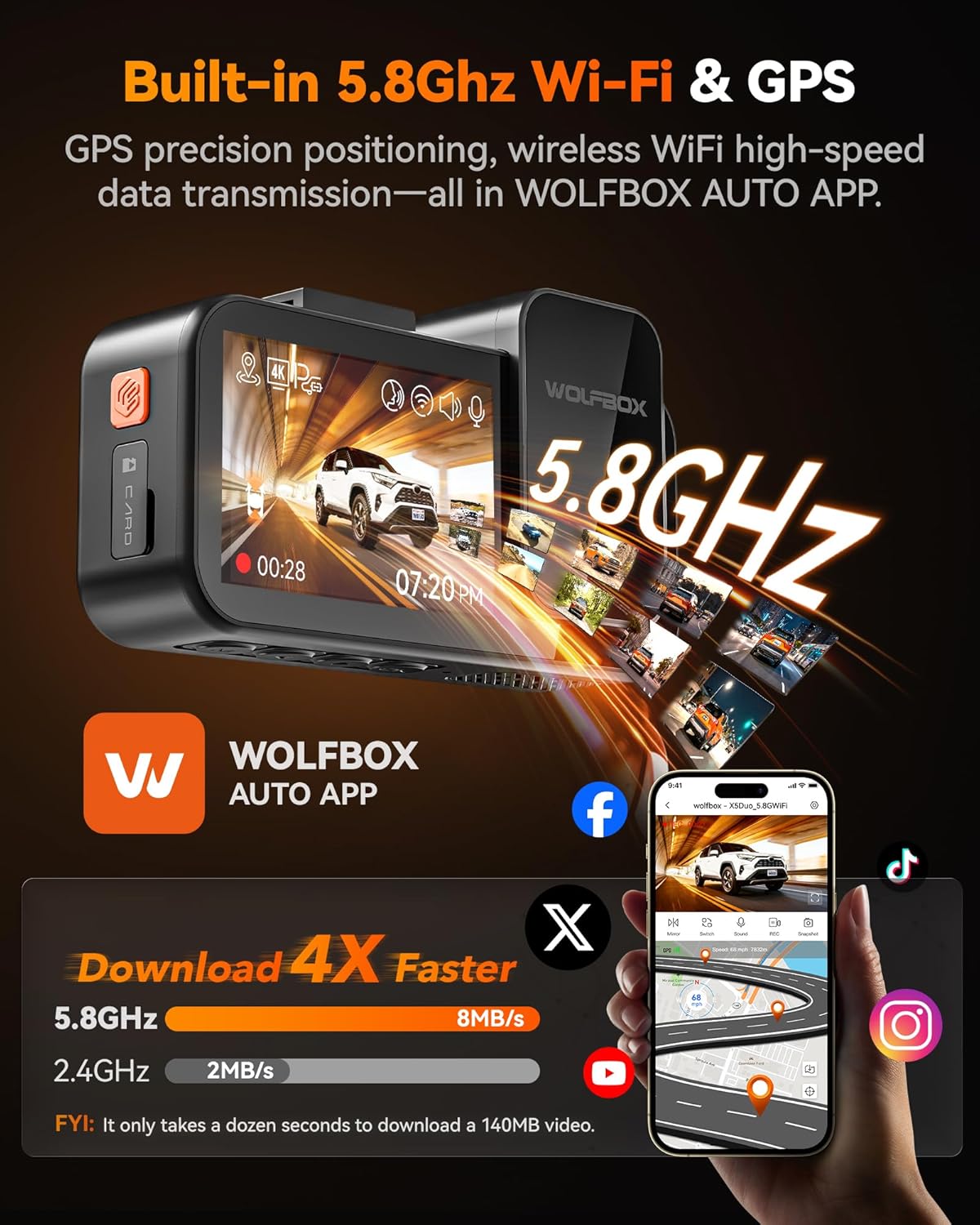 Thumbnail 6 de WOLFBOX X5 Duo Front and Rear Dash Cam (4K 30fps + 2.5K 30fps) with GPS, 5.8GHz Wi‑Fi, 64GB Card