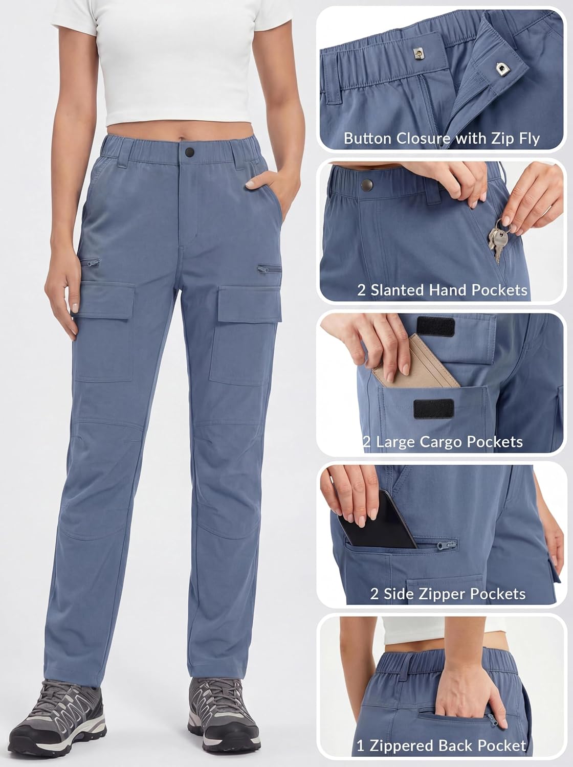 Detalle de GymBrave Pantalone da Trekking Donna Estate: Cargo Elasticizzato Impermeabile con Tasche Zippate