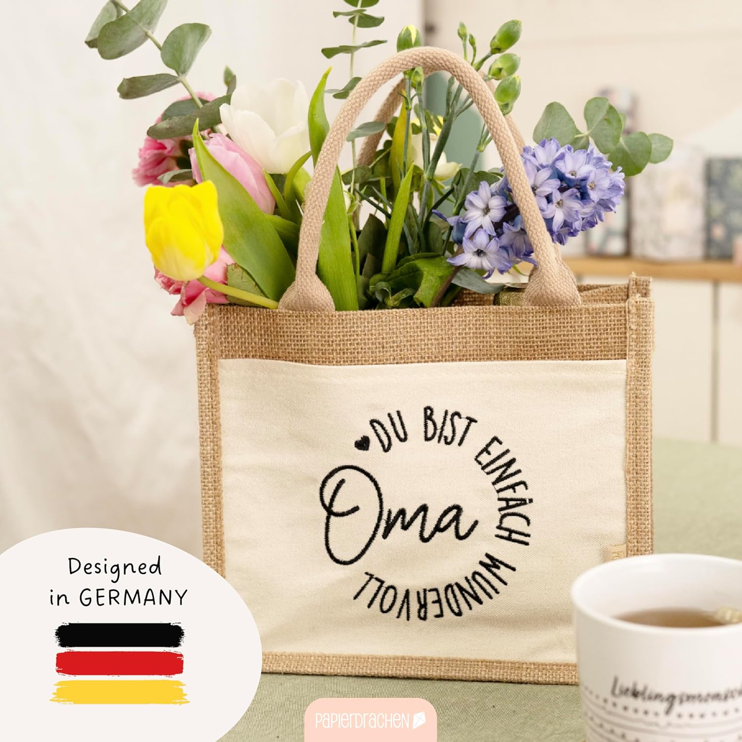 Detalle de Papierdrachen Wundervolles Geschenk für die Oma – Praktische Jutetasche mit Schriftzug