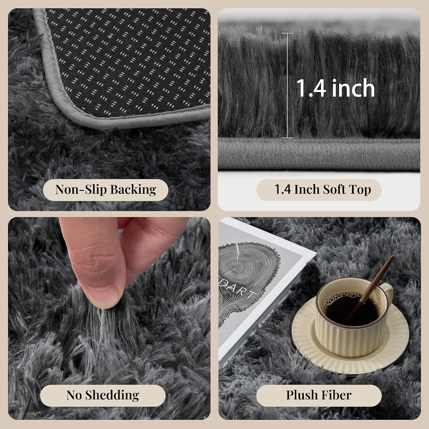 Thumbnail 5 de 8x10 Fluffy Shag Area Rug for Living Room & Bedroom – Black/Gray, Non-Slip, High-Pile Plush