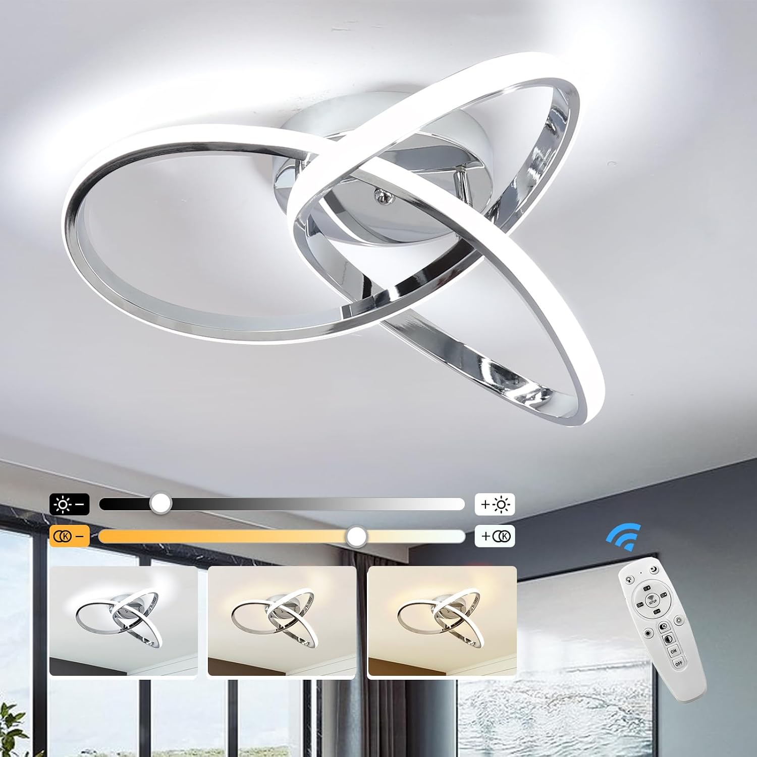 Detalle de EIDISUNY 42W Dimmable LED Ceiling Light with Remote Control (40cm, 3000K–6000K, Chrome)