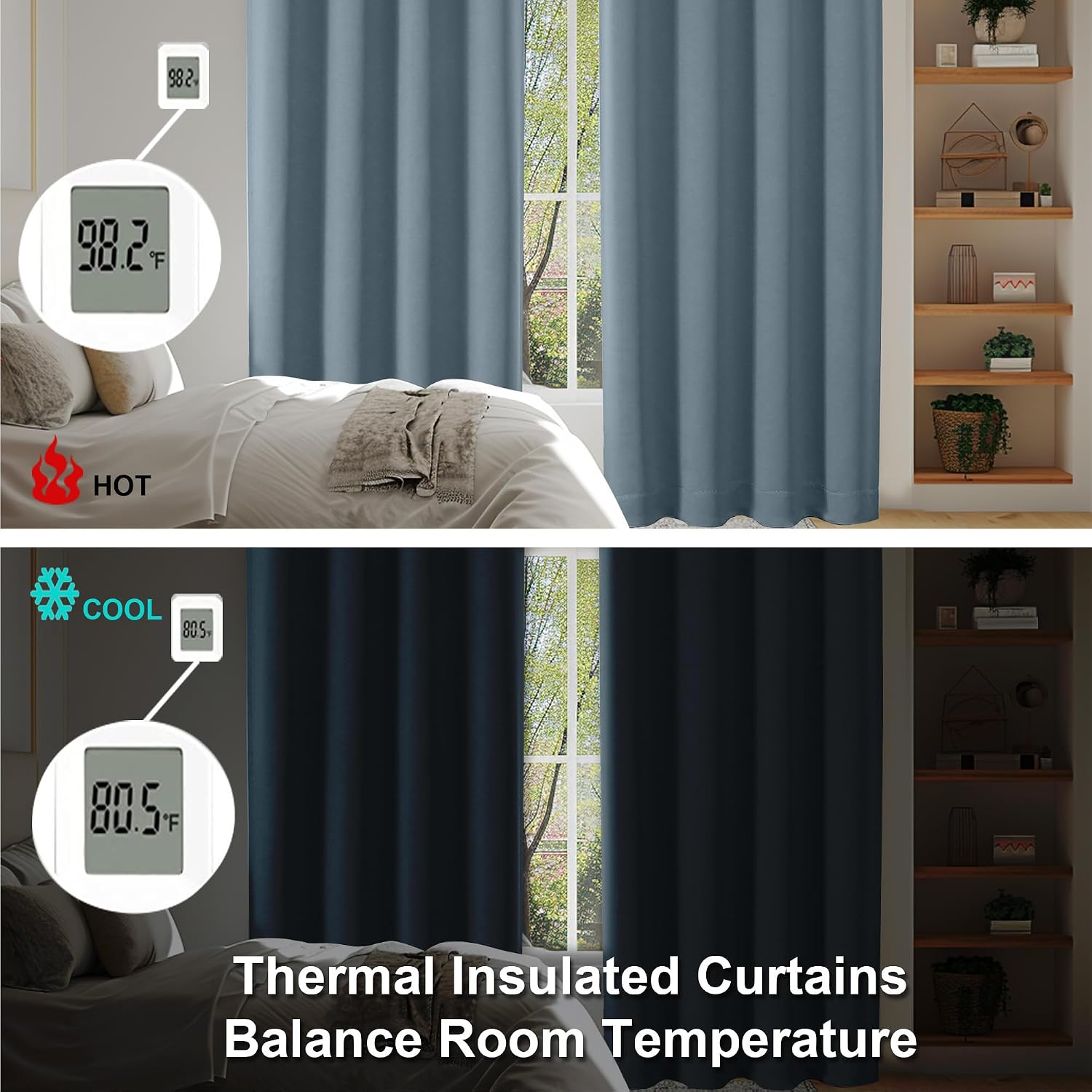 Thumbnail 5 de Simplebrand Ava Stone Blue Short Blackout Curtains (2-Panel Set) – Thermal Insulated Bedroom Drapes, 45 Inches Long