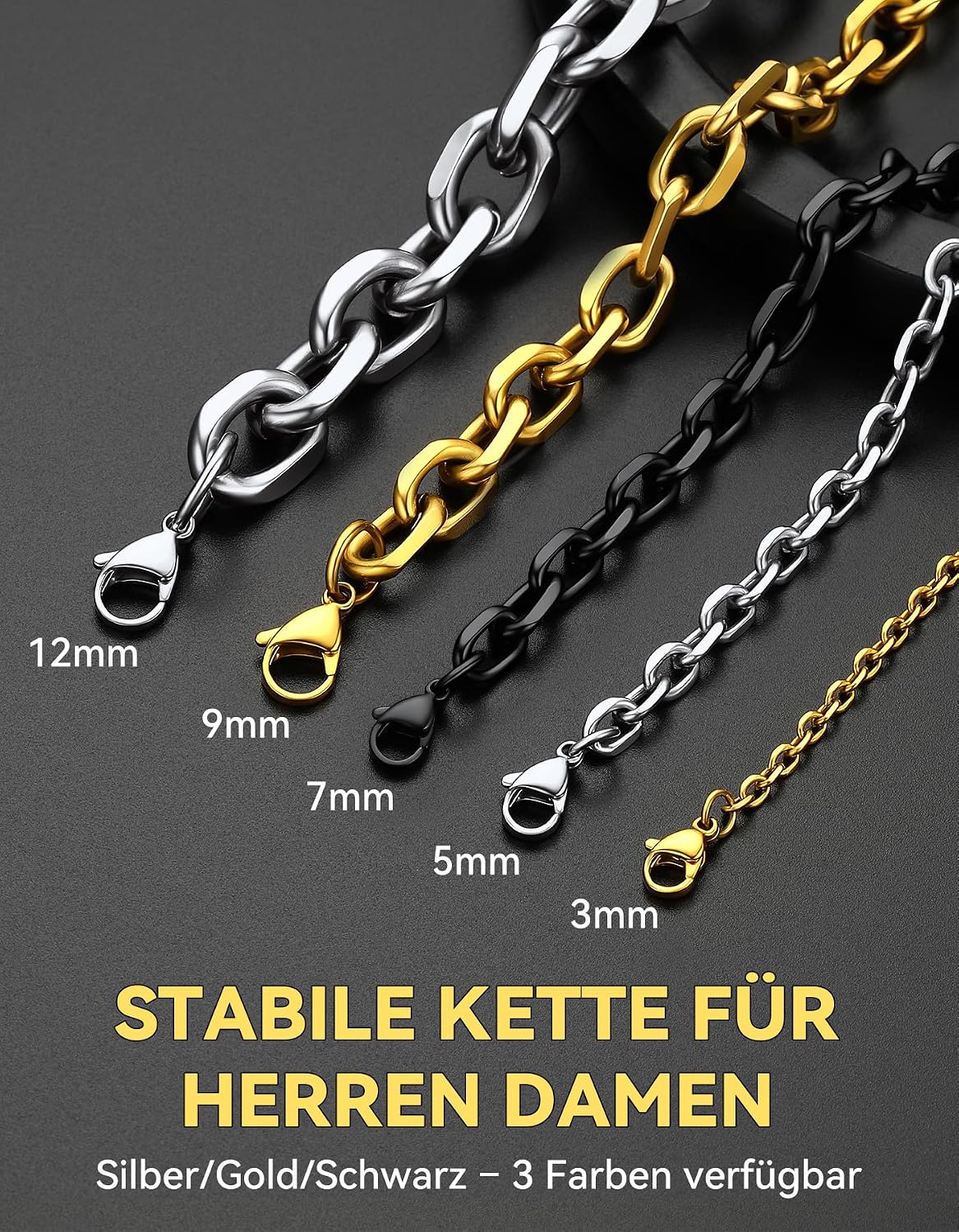 Thumbnail 6 de ChainsHouse Rolokette Edelstahl – 3/5/7/9/12 mm breit, 46–76 cm, O-Kette/Ankerkette