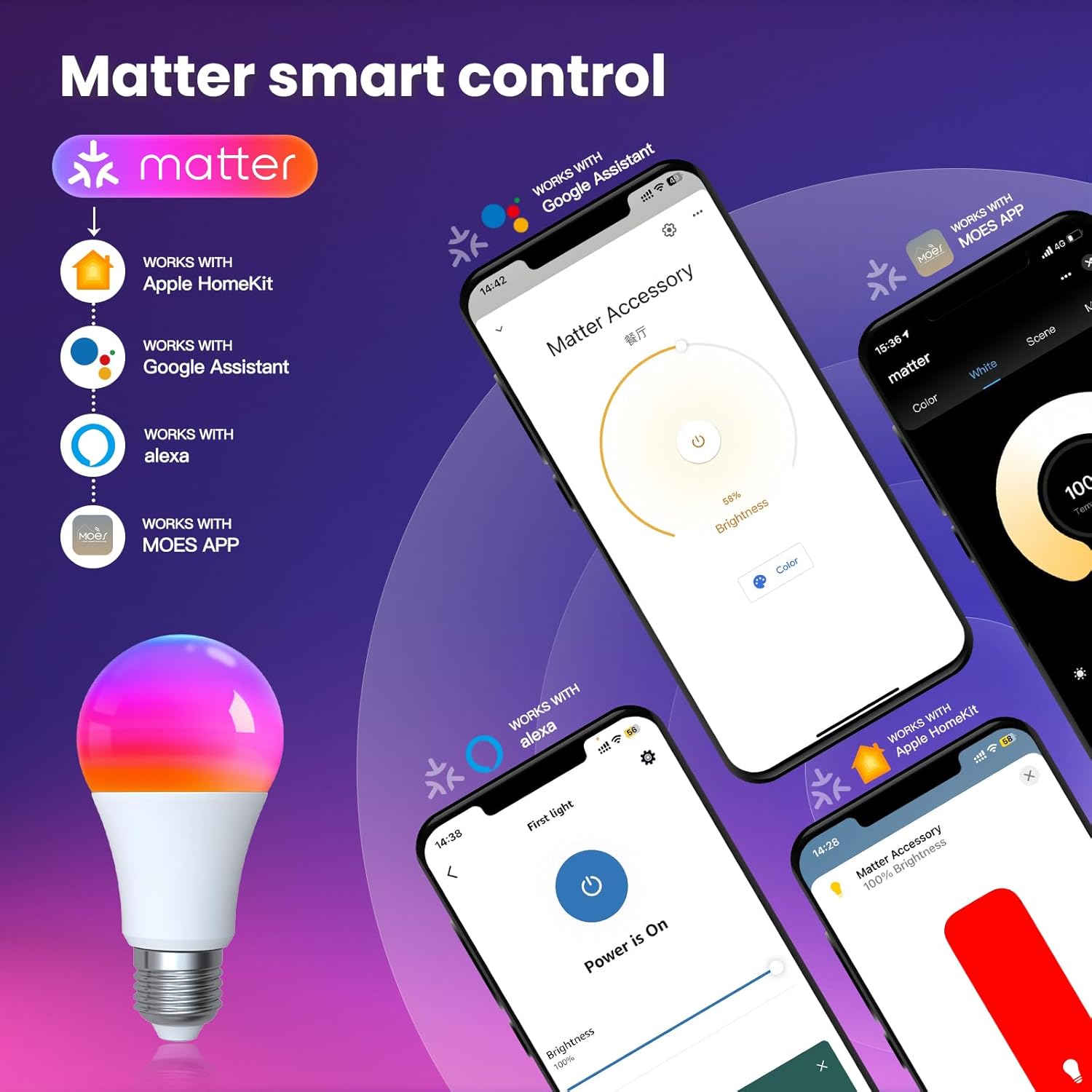 Thumbnail 1 de MOES Smart Bulb E27 A60 (4 Pack) – Matter over WiFi, 9W, 806lm, 2700K–6500K RGB, Dimmable, with HomeKit/Alexa/Google Home
