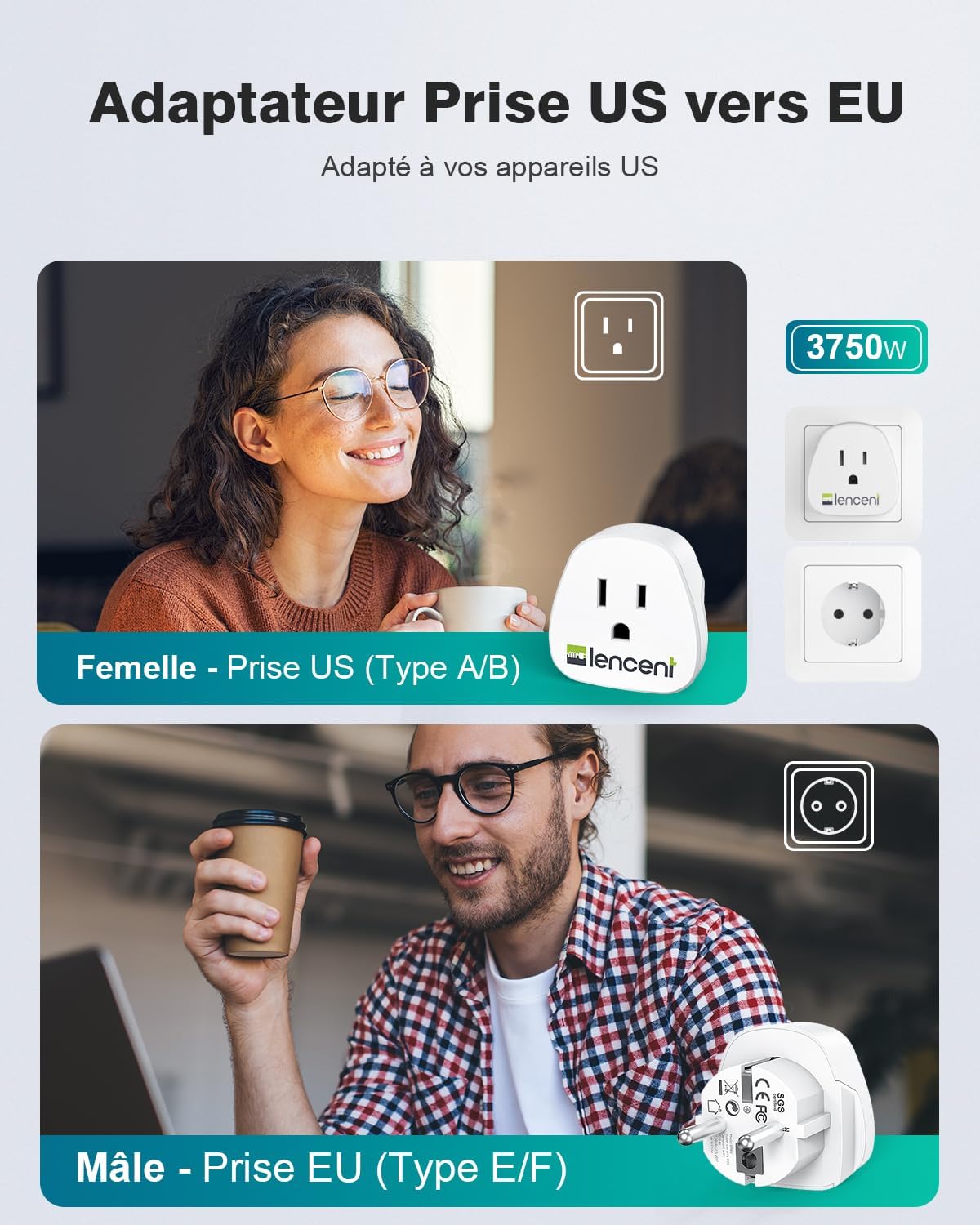 Detalle 1 de LENCENT 2X Adaptateur USA vers Europe