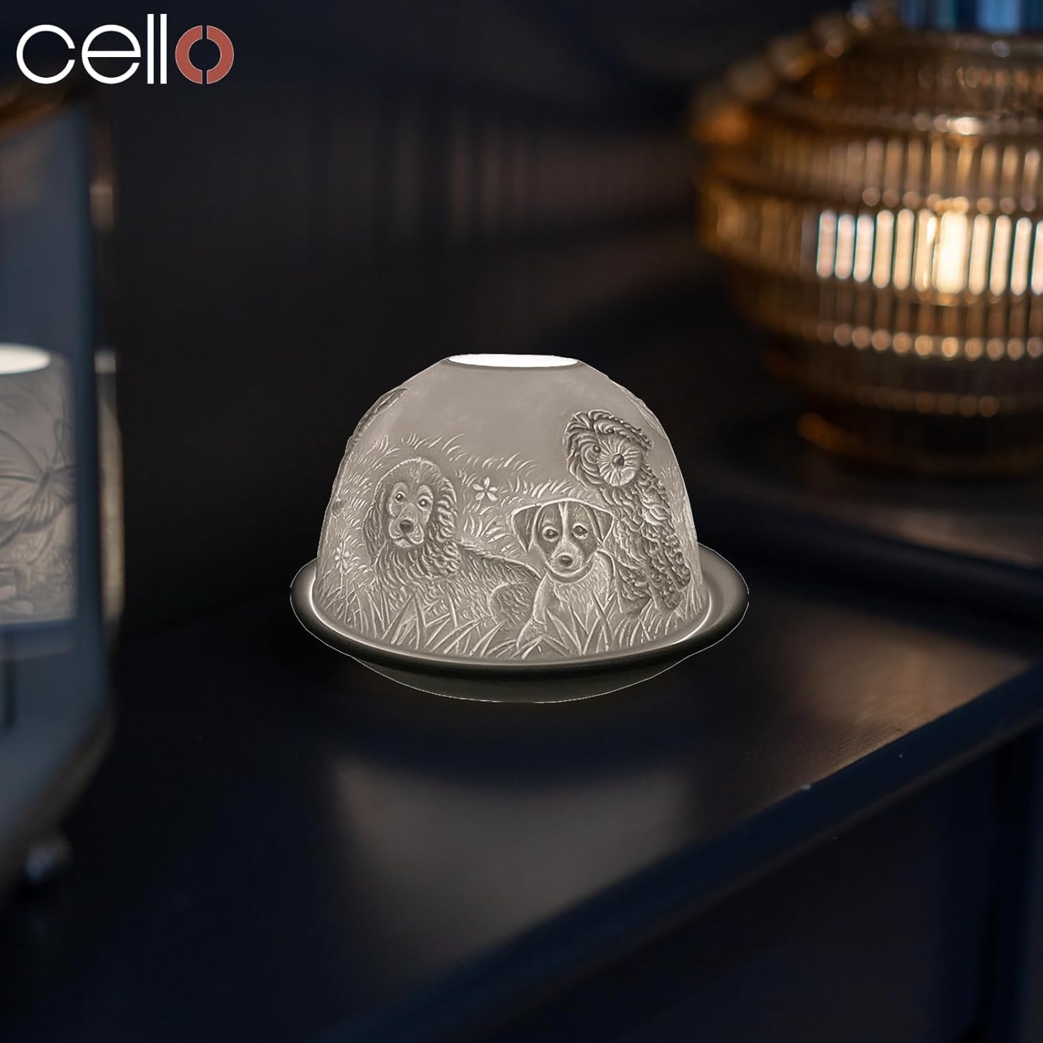 Thumbnail 2 de Cello Porcelain Tealight Holder Dome with 3D Projection – Puppies Dog Lovers Design