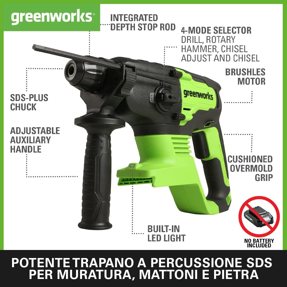 Detalle 2 de Greenworks GD24SDS2 24V trapano a percussione SDS 🔨