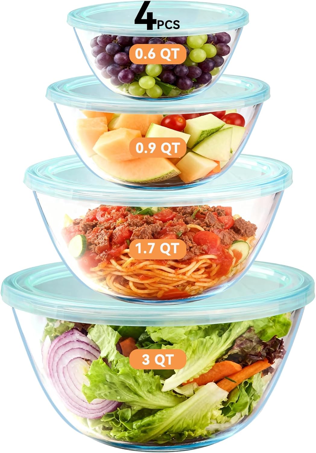 Detalle de YUANYE 5 Pack Glass Mixing Bowls with Lids Set (5/2.5/1.5/0.9/0.6QT) with Nesting Design
