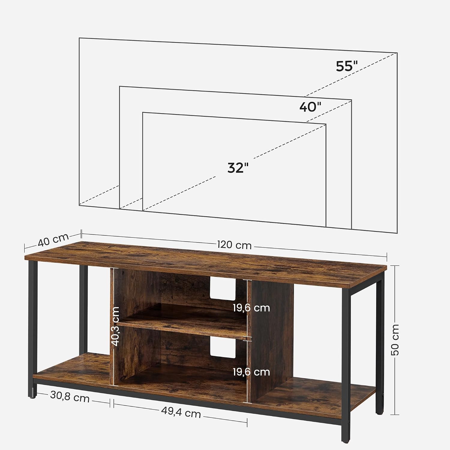 Detalle de VASAGLE LTV060B01 TV Stand, Rustic Brown and Black with Open Shelves