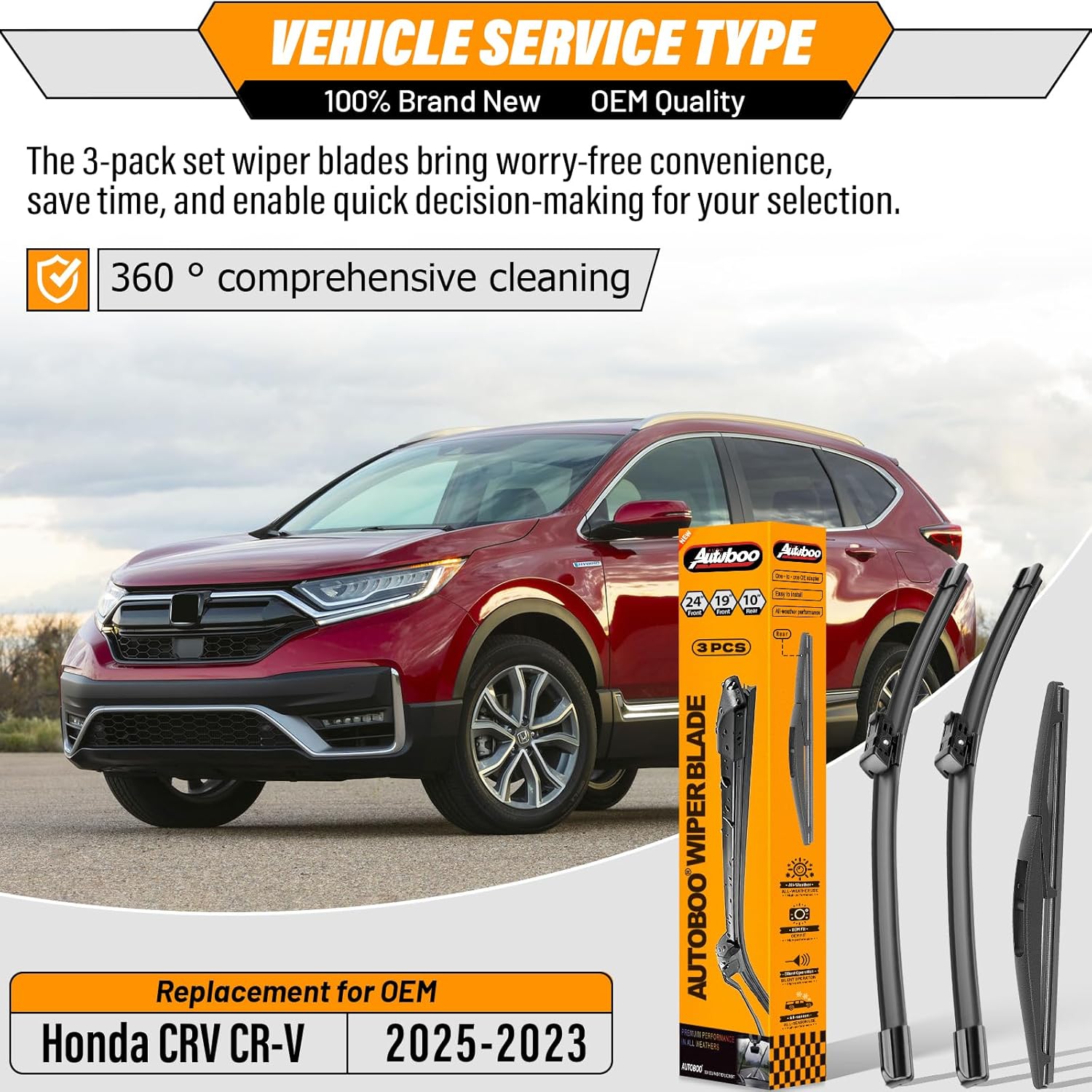 Thumbnail 1 de AUTOBoo 24" + 19" Windshield Wiper Blades Replacement Kit for 2023-2025 Honda CR-V (includes 10" rear, 3-pack)