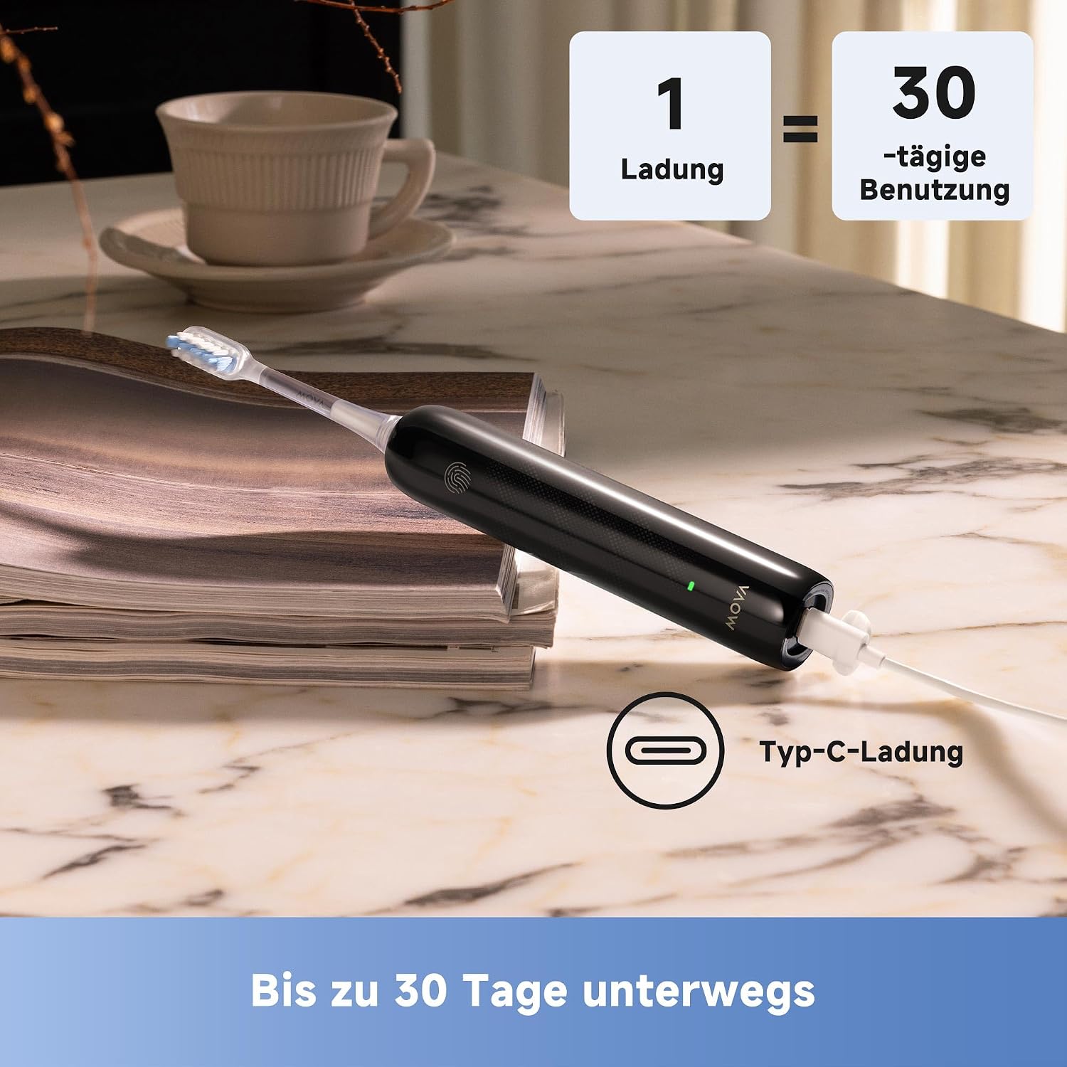 Detalle 2 de Mova Fresh SweepDrive™ – Elektrische Zahnbürste, Schwarz, Typ-C Laden, 3-in-1 Bürstenkopf