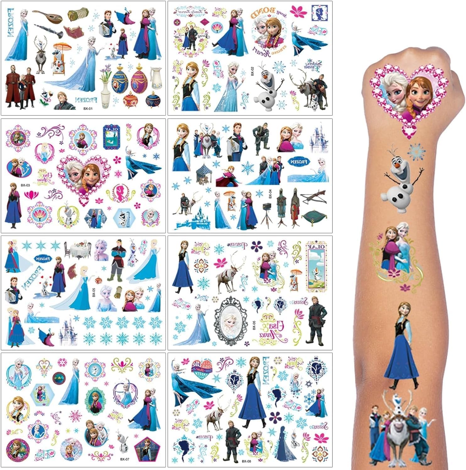 Detalle de ROMANVIC Elsa Tattoo Kinder – Frozen Temporäre Klebetattoos, 8 Blätter, 180+ Motive