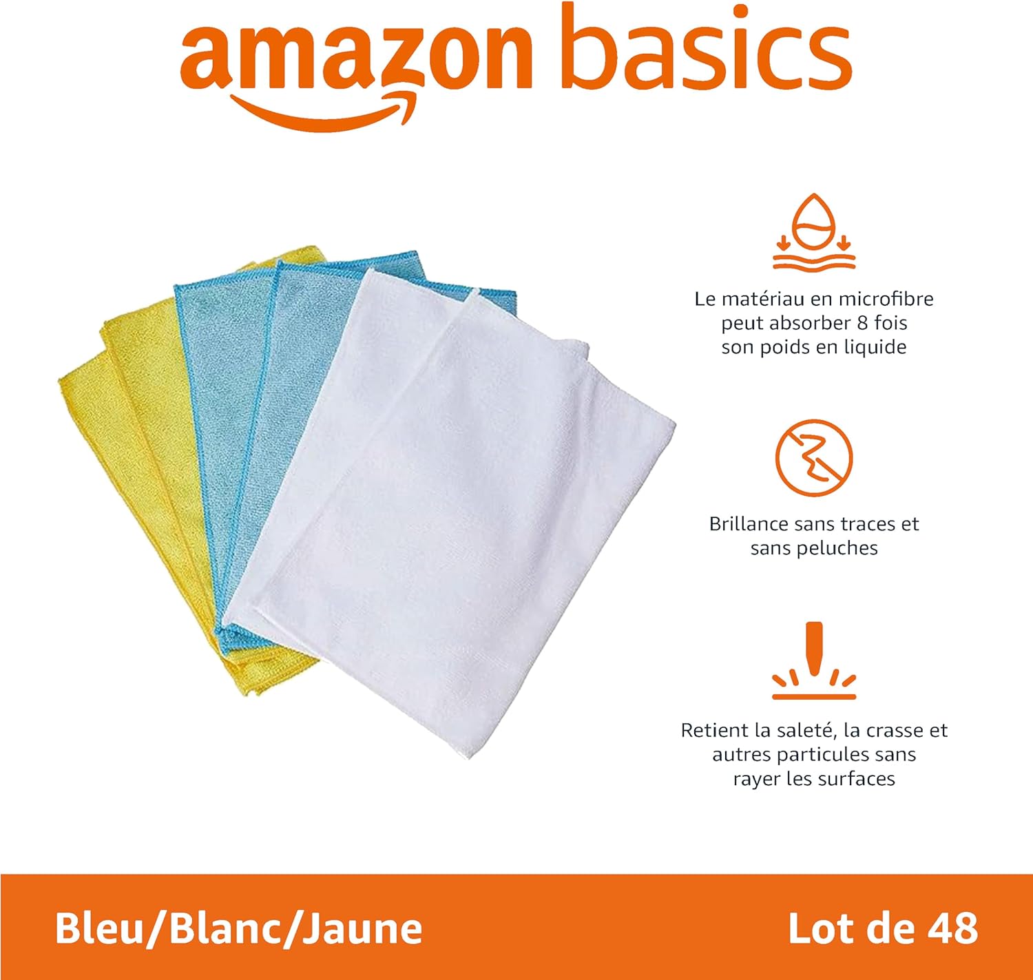 Thumbnail 1 de Amazon Basics Chiffon de nettoyage en microfibre – Lot 48, 30,5 x 40,6 cm (Bleu/Blanc/Jaune)