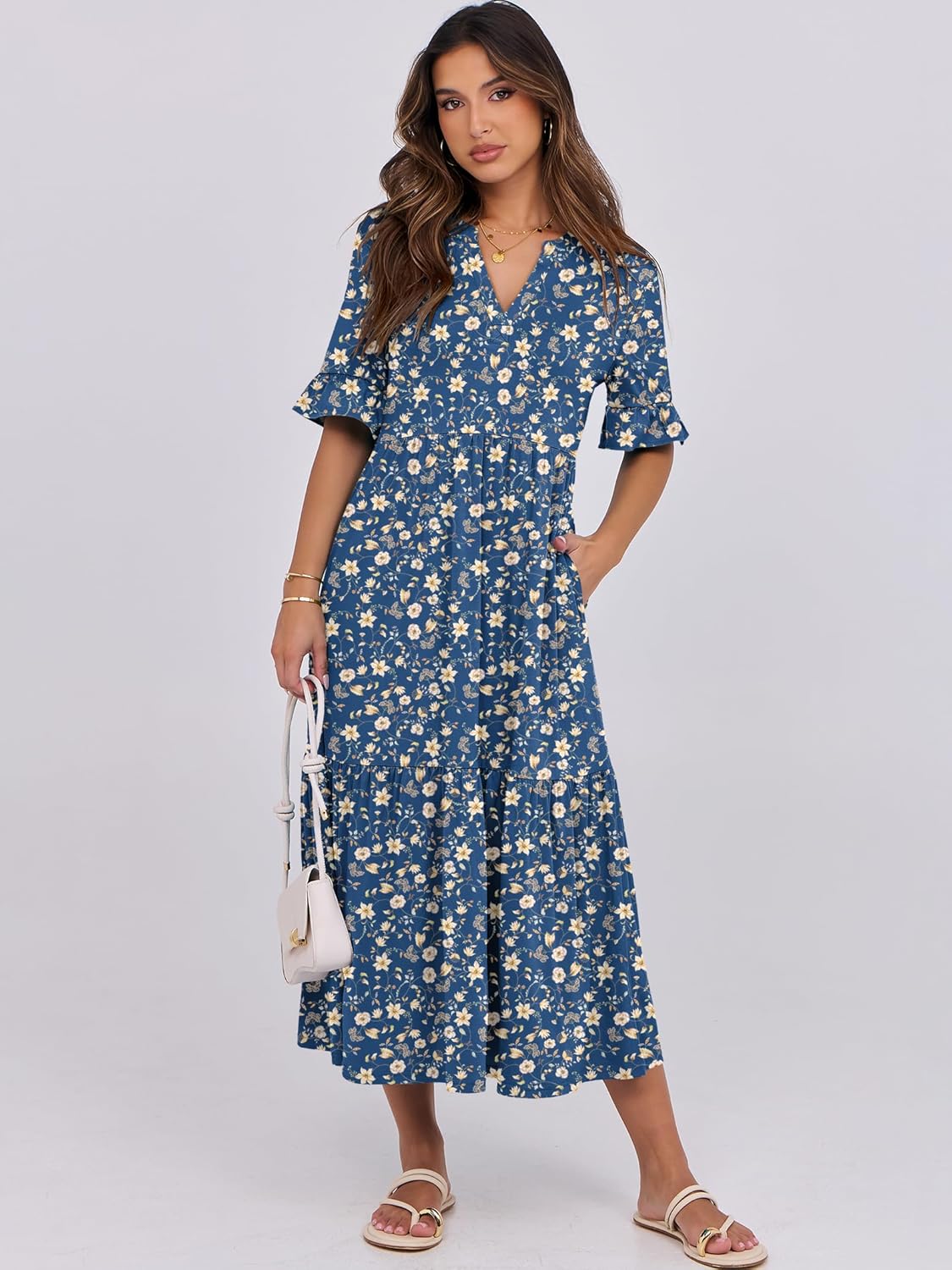 Thumbnail 1 de ANRABESS Women's Summer Maxi Dress with Ruffles, V-Neck, and Pockets