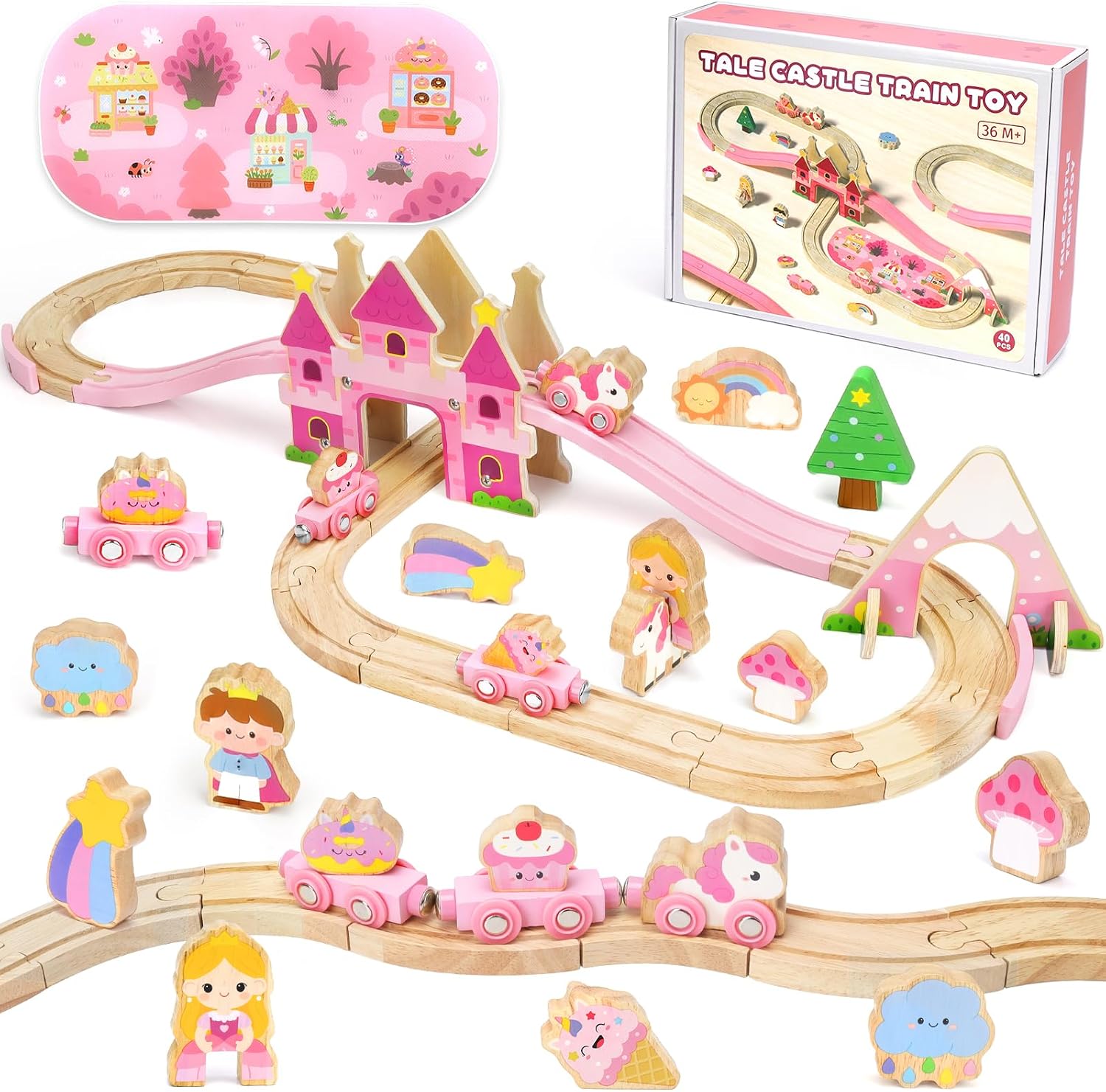 Detalle de Brialice Toddler Toys 40-Piece Wooden Train Set with Castle and Play Mat