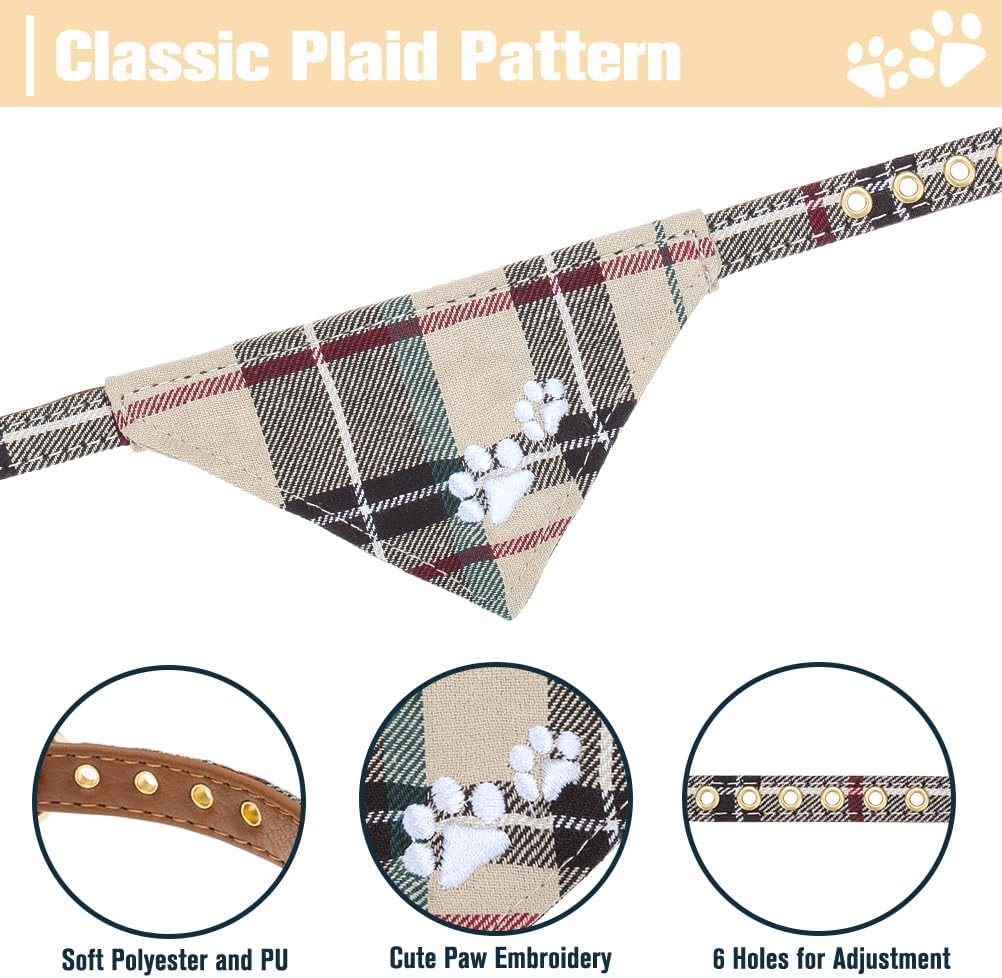 Detalle de EXPAWLORER Classic Plaid Dog Collar with Bow Tie and Pawprint Bandana – Brown, Medium