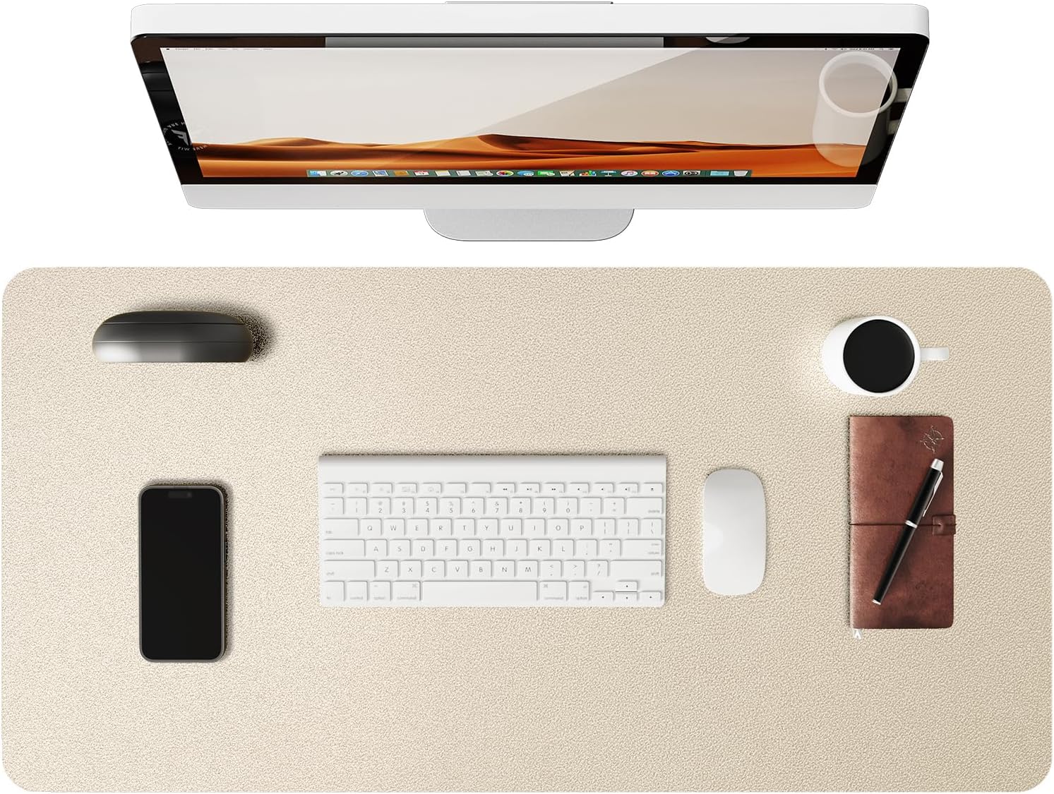 Detalle de YSAGi Leather Desk Mat (80 x 40 cm, Champagne) – Large PU Leather Desk Protector with Non-Slip Suede Back