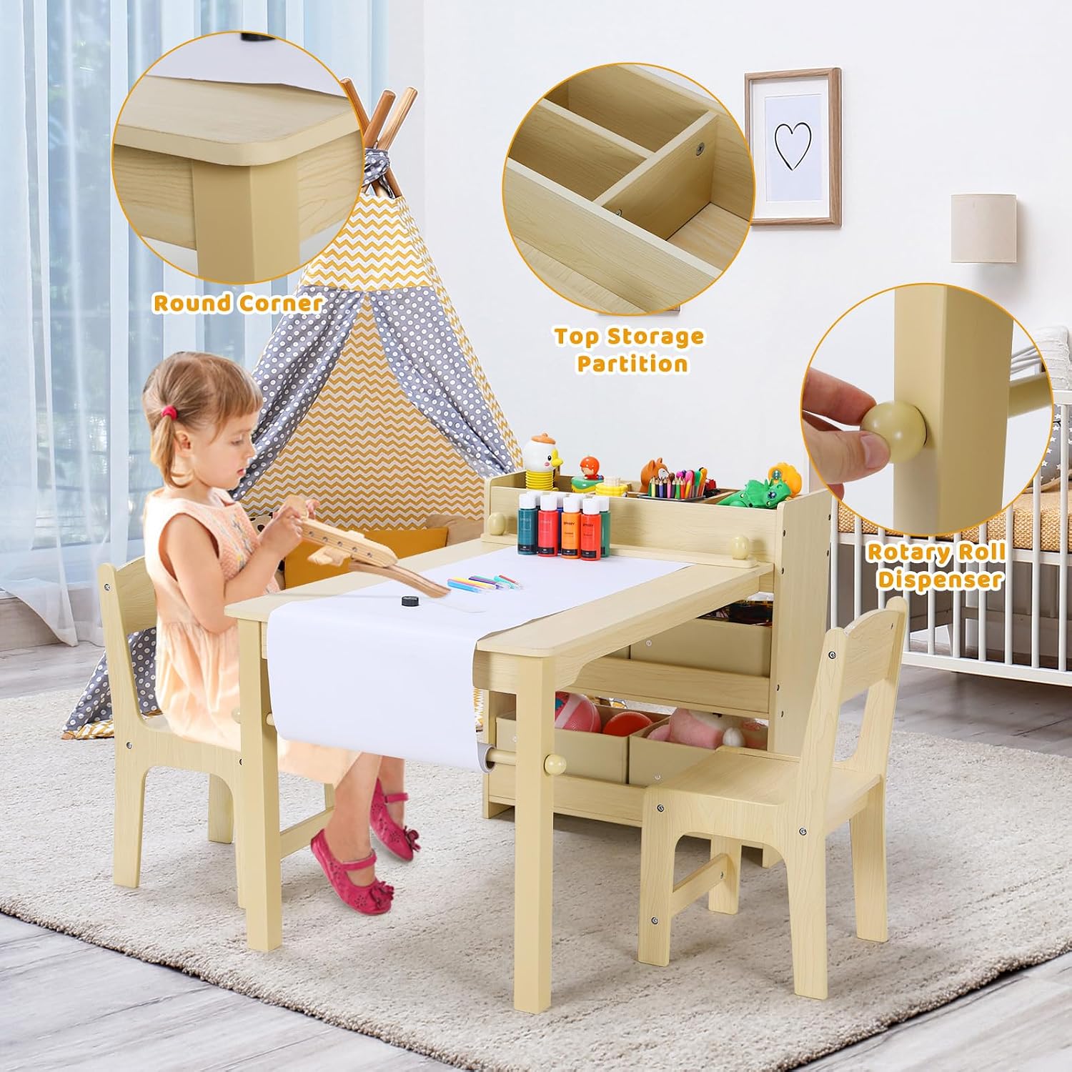Detalle de Clevich Kids Table and Chairs: 2-in-1 Wooden Craft Desk with Paper Roll, Storage Boxes and Dual Chairs