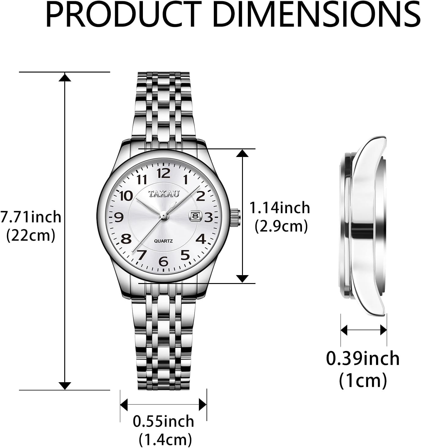 Thumbnail 3 de Taxau Damen-Armbanduhr mit Datum: klassisches, kleines Zifferblatt im Edelstahlband (Quarz)