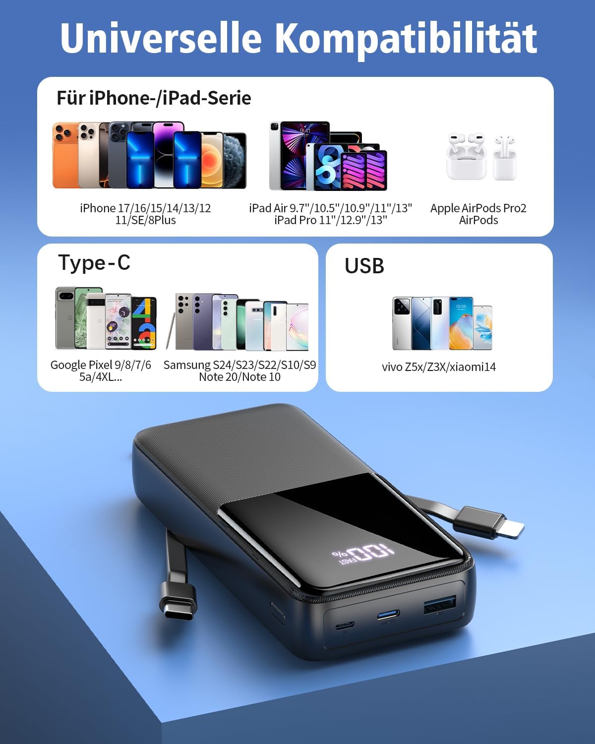 Thumbnail 5 de Power Bank 40.000 mAh mit 22,5 W PD Schnellladung, USB-C & integrierten Kabeln (für iPhone & Android)