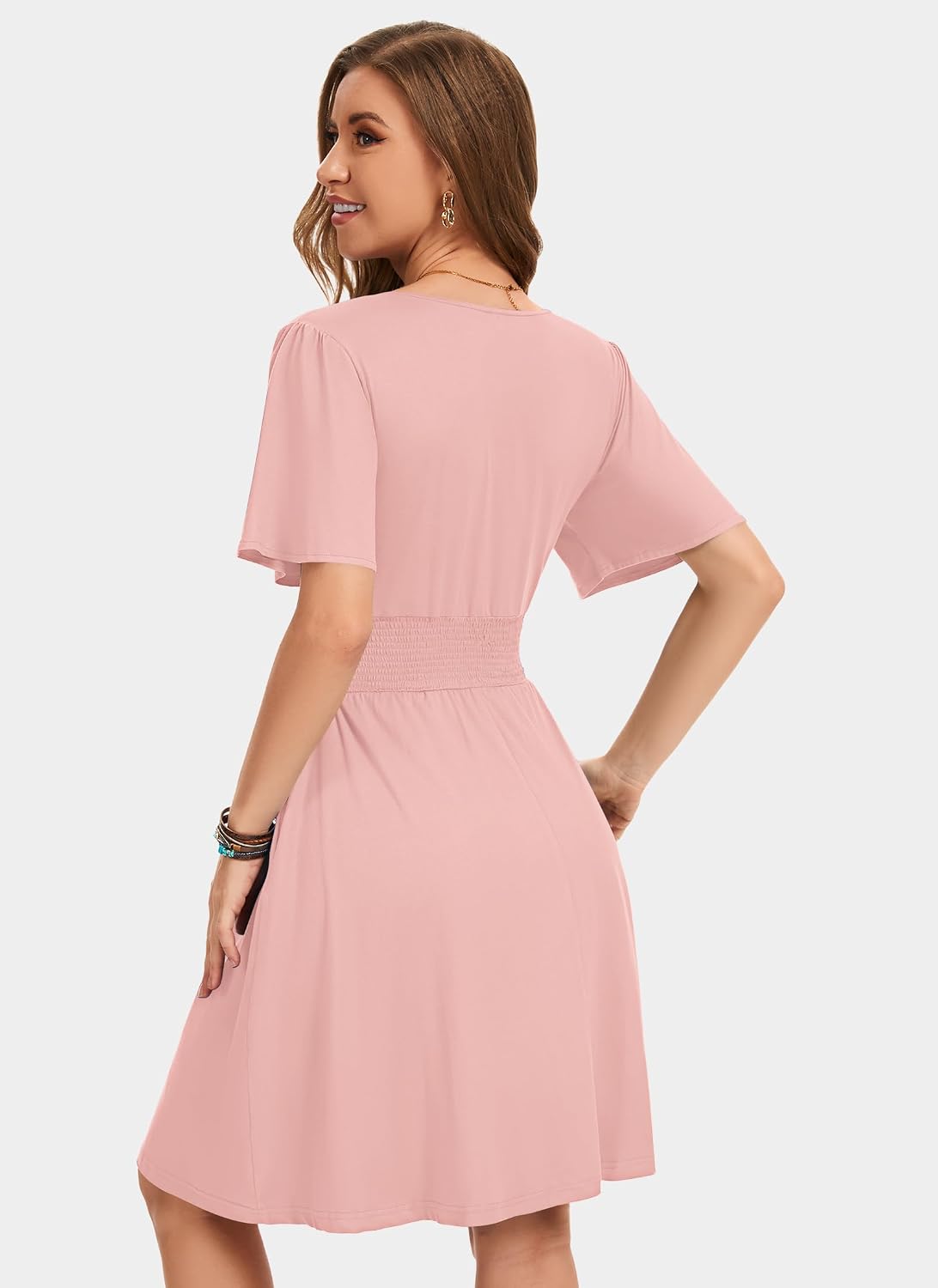 Detalle de WNEEDU Women’s Summer Dress: V-Neck A-Line Sundress with Pockets