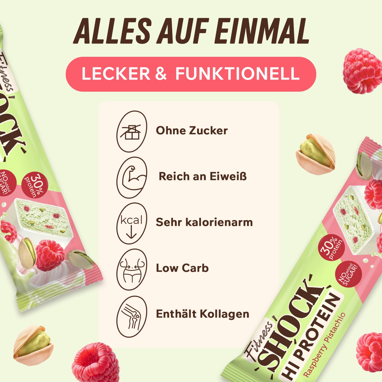 Thumbnail 3 de FitnesSHOCK Proteinriegel Set mit 30% Eiweiß, 12 g pro Riegel (12 Stk) – Pistazie, zuckerfrei, low carb